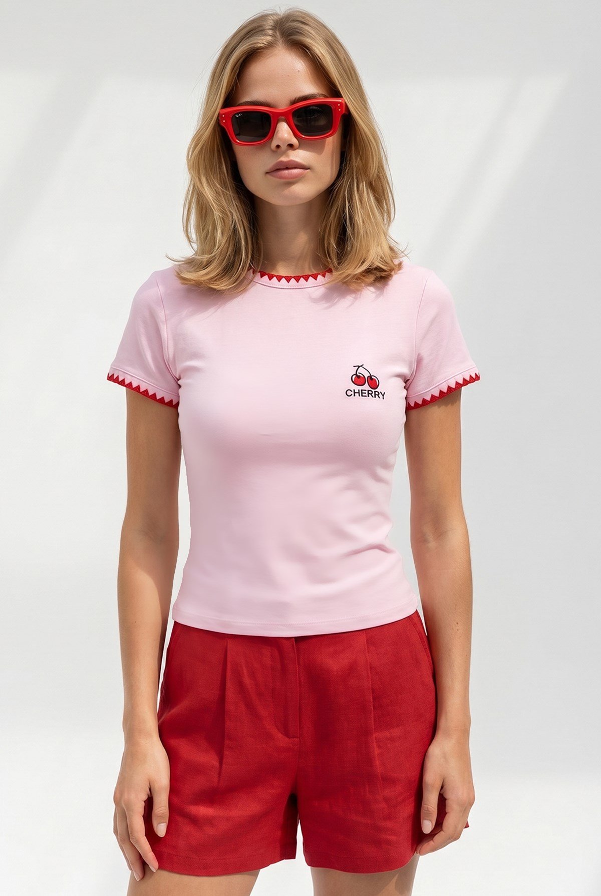 Çoban Dikiş Detaylı Ribana Esnek Crop Tişört Pembe