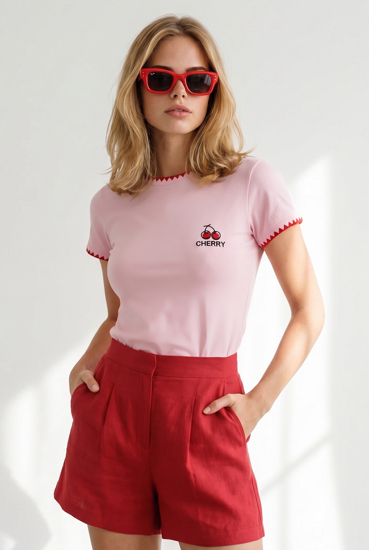 Çoban Dikiş Detaylı Ribana Esnek Crop Tişört Pembe