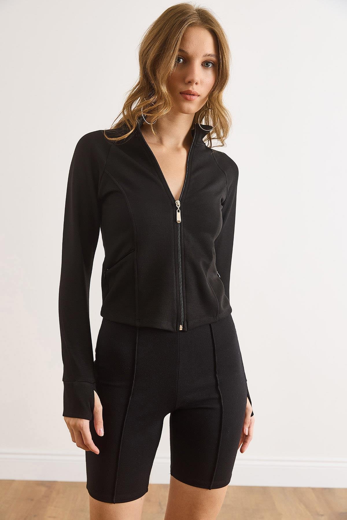 Cupra Modal Baş Parmak Delikli Esnek Spor Ceket Siyah