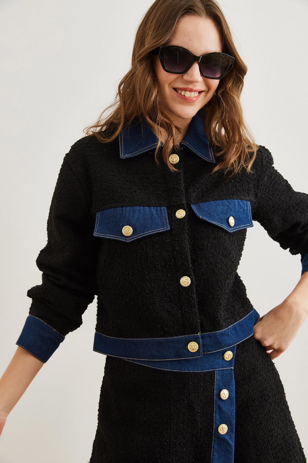 Denim Detaylı Şanel Ceket Siyah