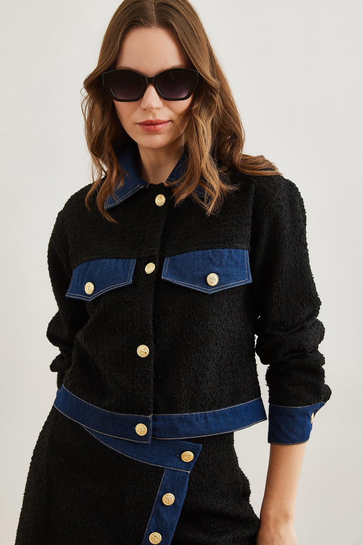 Denim Detaylı Şanel Ceket Siyah