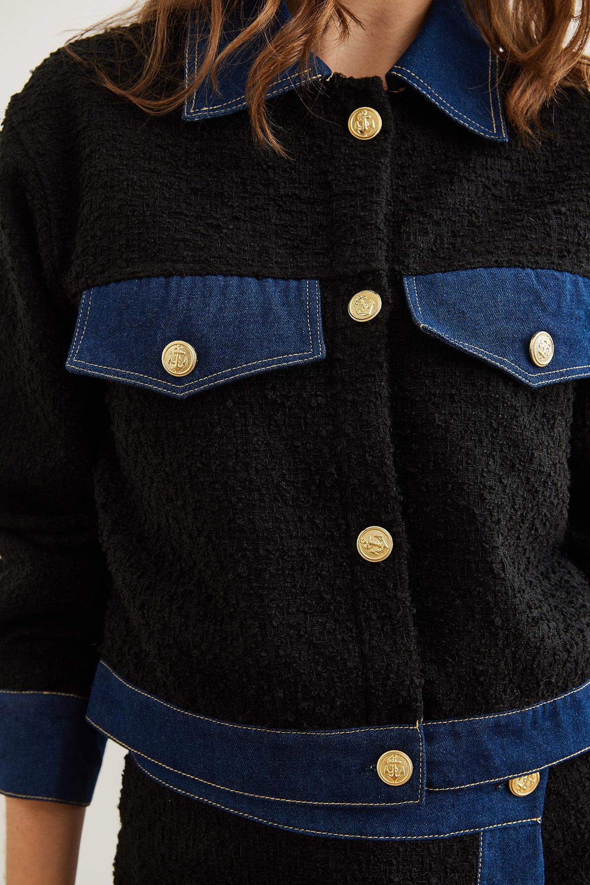 Denim Detaylı Şanel Ceket Siyah