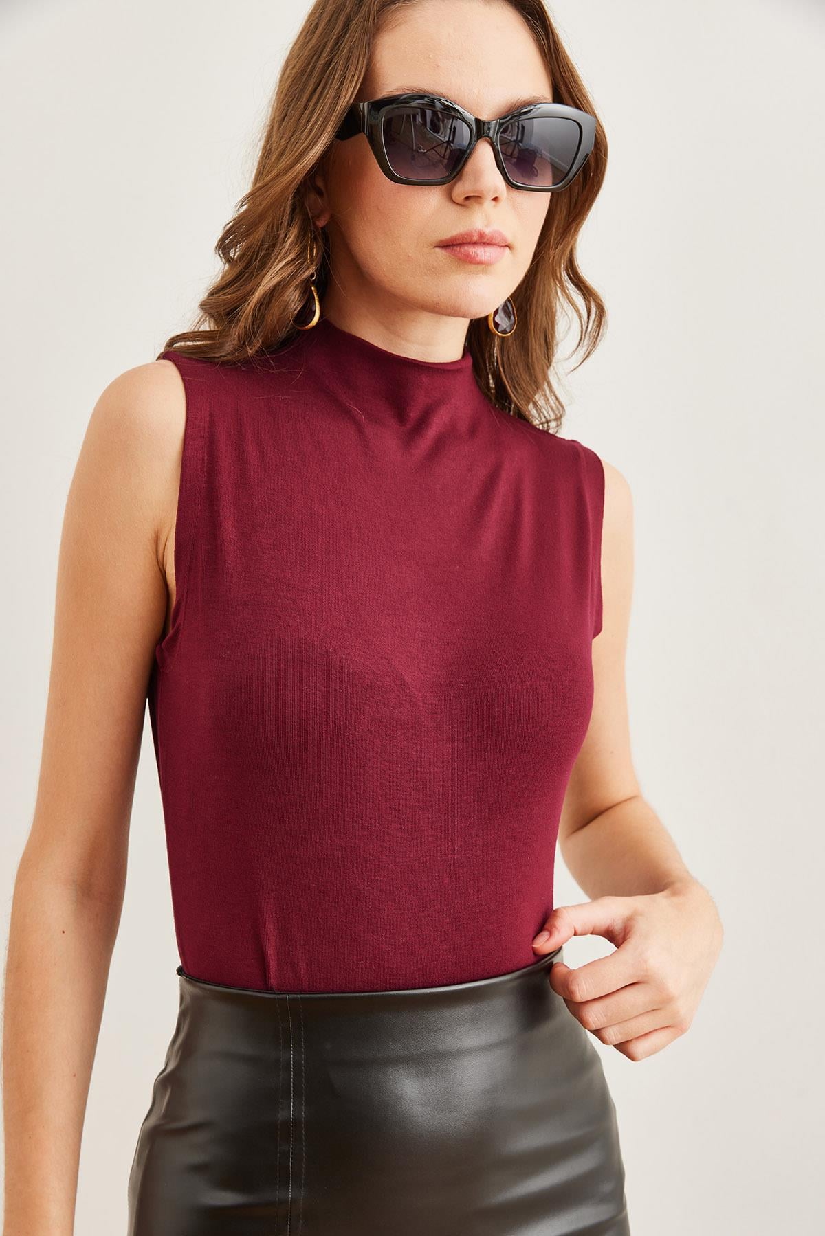 Dik Yaka Soft Touch Esnek Bluz Bordo