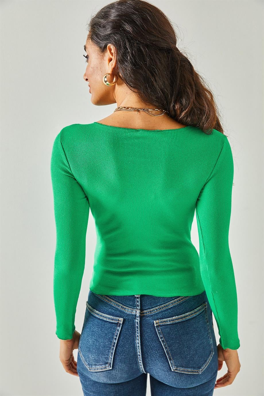 Dikiş Detaylı Crop Likralı Bluz Çimen Yeşili