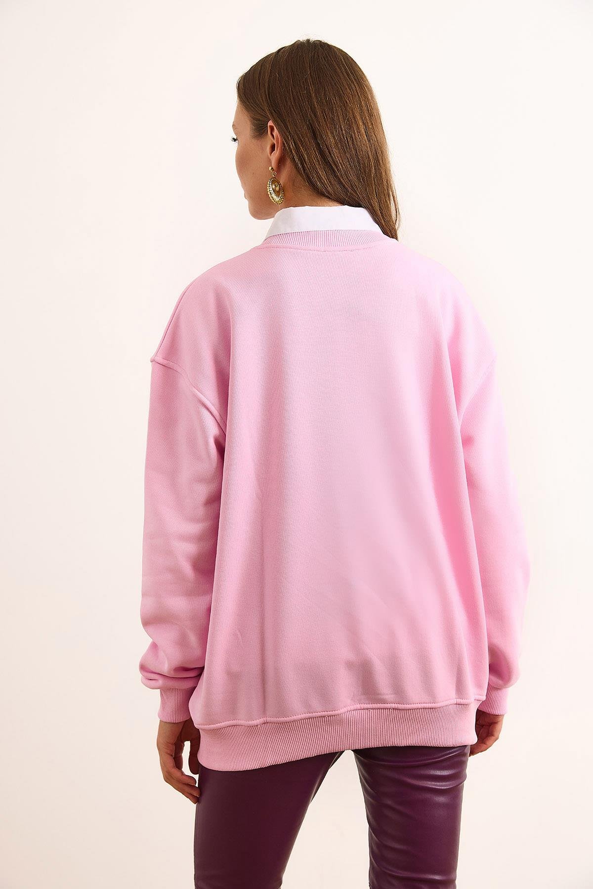 Dikiş Detaylı Kalın Şardonsuz Basic Sweatshirt Pembe