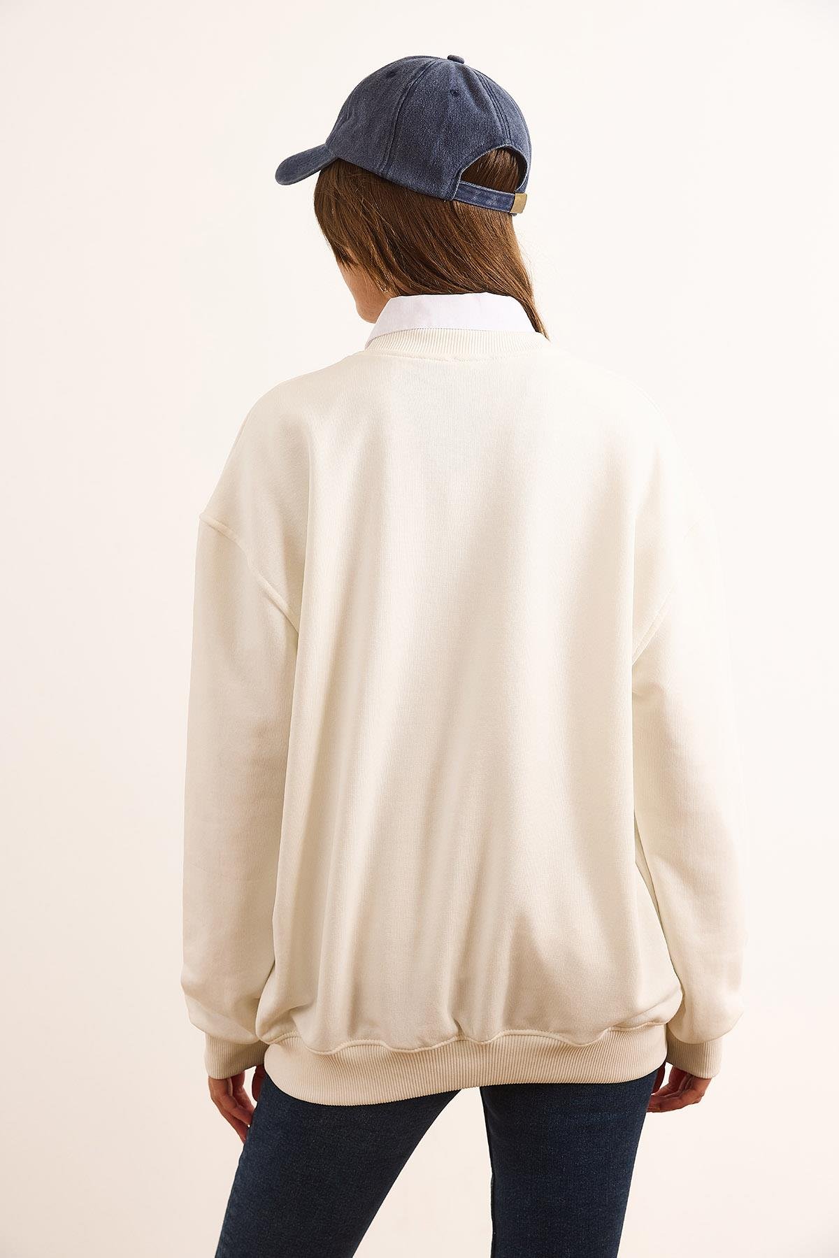 Dikiş Detaylı Kalın Şardonsuz Basic Sweatshirt Beyaz