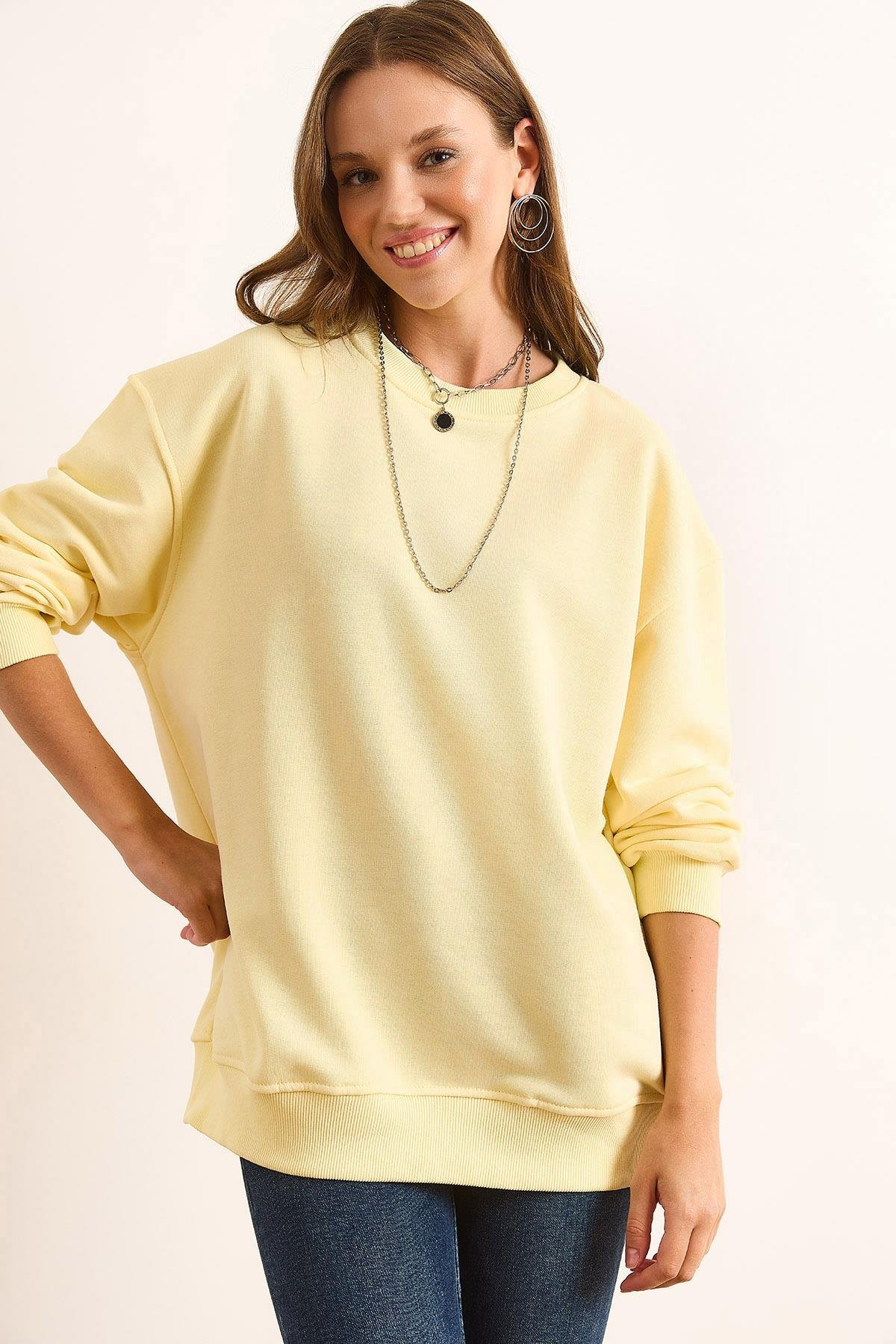 Dikiş Detaylı Kalın Şardonsuz Basic Sweatshirt Sarı