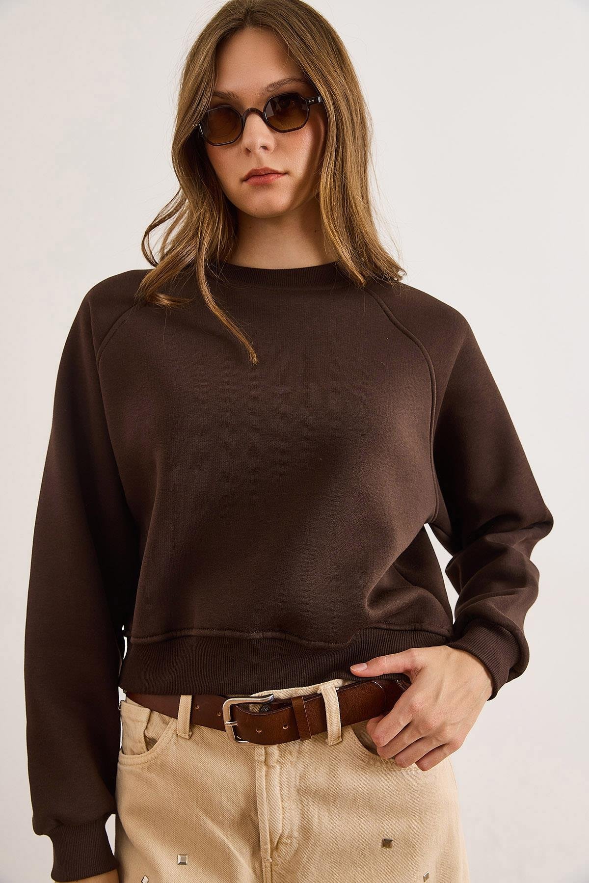 Dikiş Detaylı Reglan Kol Sweatshirt Kahverengi