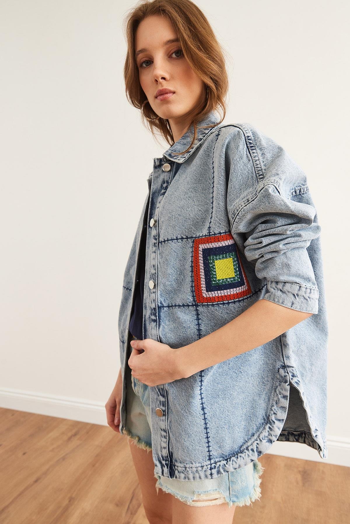 Dikiş ve Pul Detaylı Oversize Denim Ceket Mavi