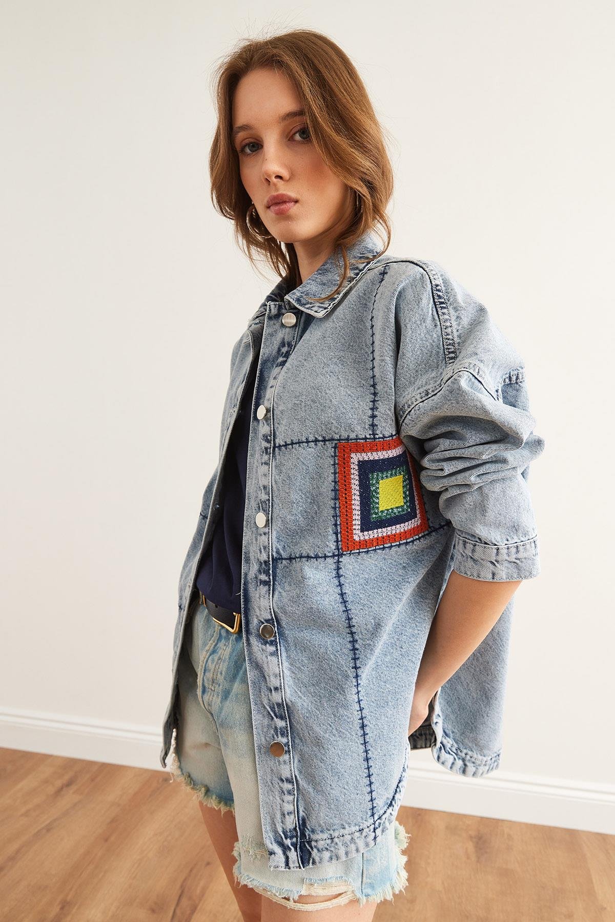 Dikiş ve Pul Detaylı Oversize Denim Ceket Mavi
