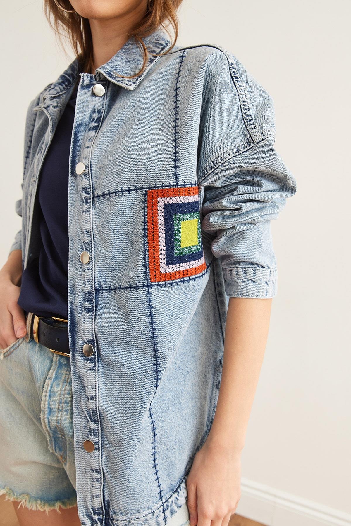 Dikiş ve Pul Detaylı Oversize Denim Ceket Mavi