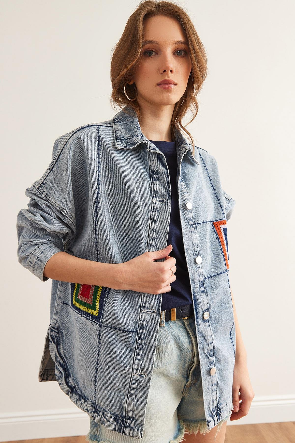 Dikiş ve Pul Detaylı Oversize Denim Ceket Mavi