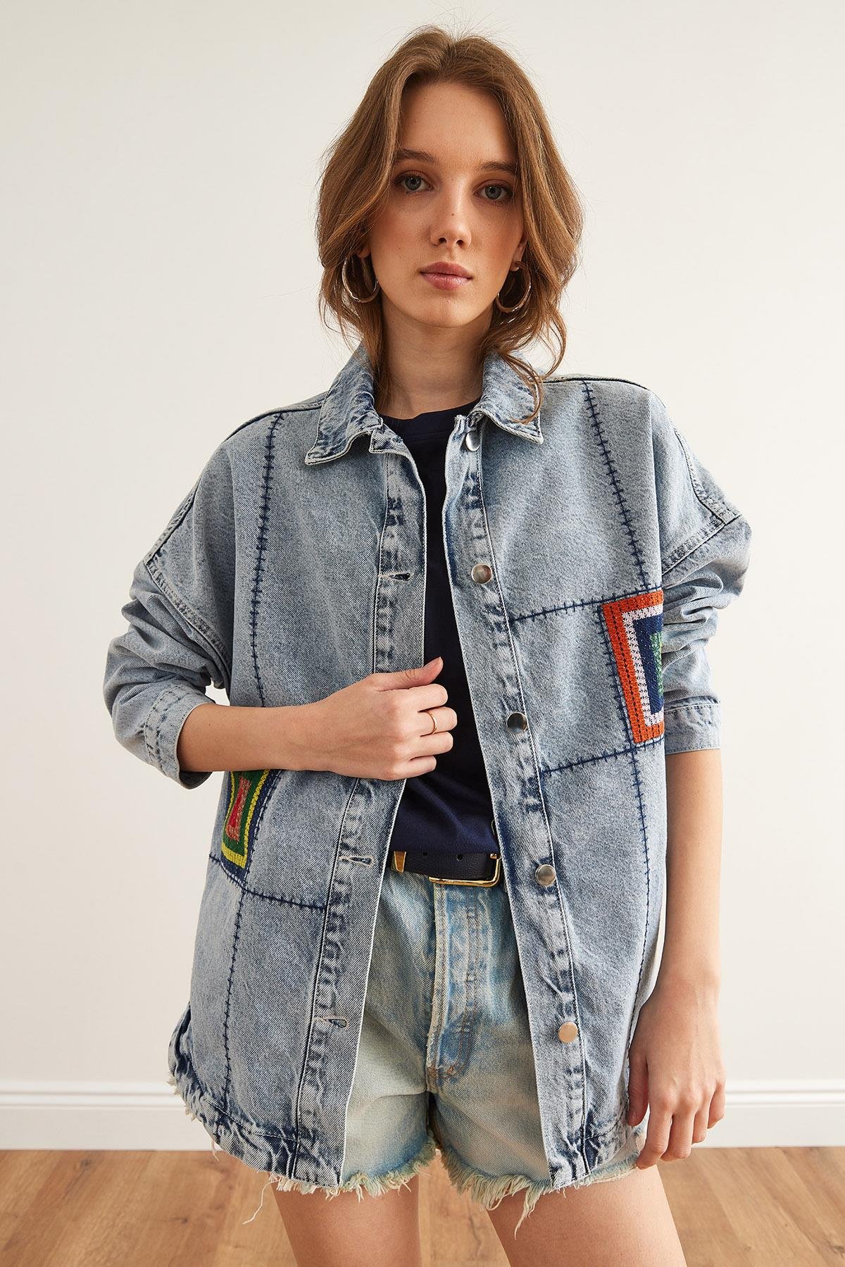 Dikiş ve Pul Detaylı Oversize Denim Ceket Mavi