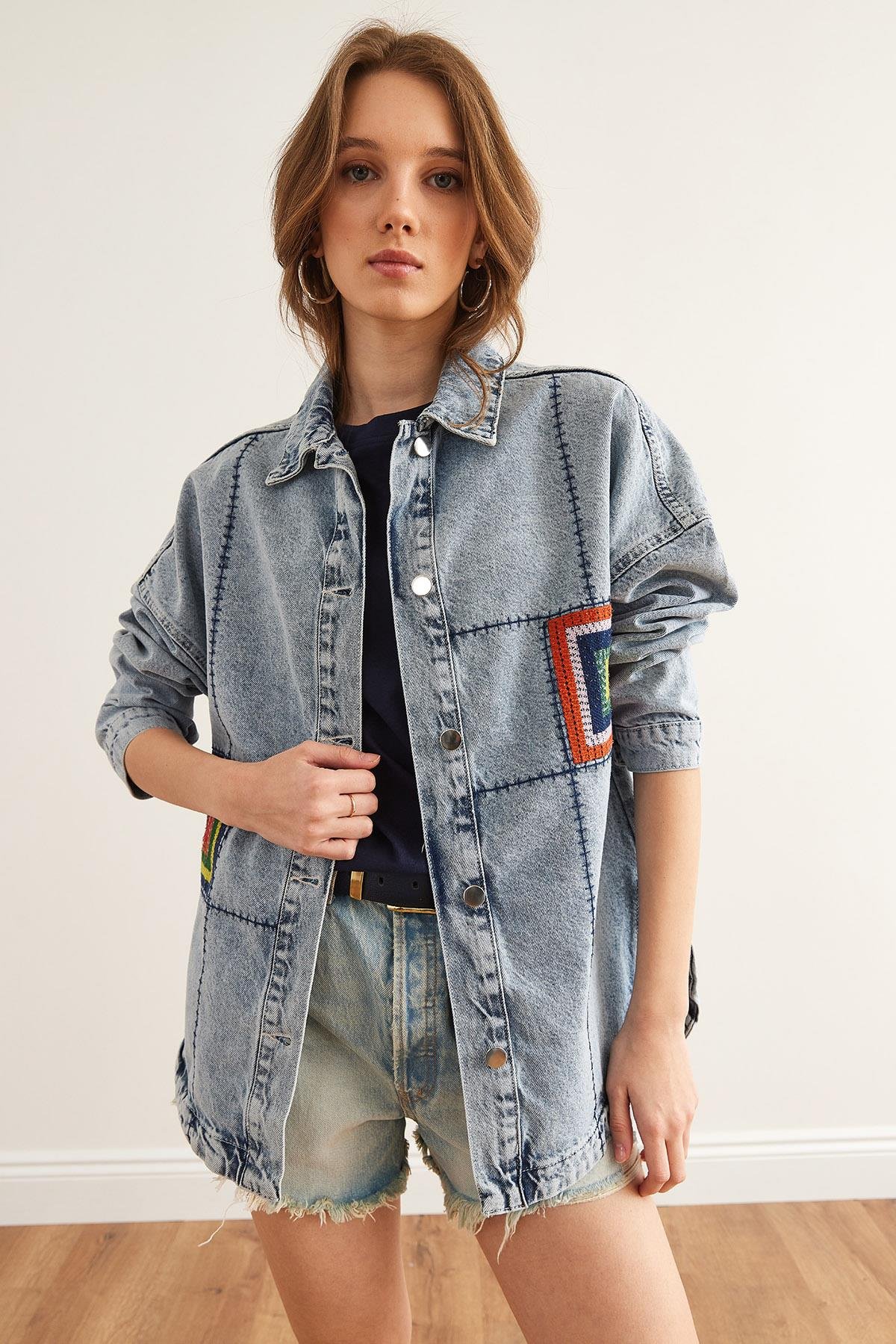 Dikiş ve Pul Detaylı Oversize Denim Ceket Mavi