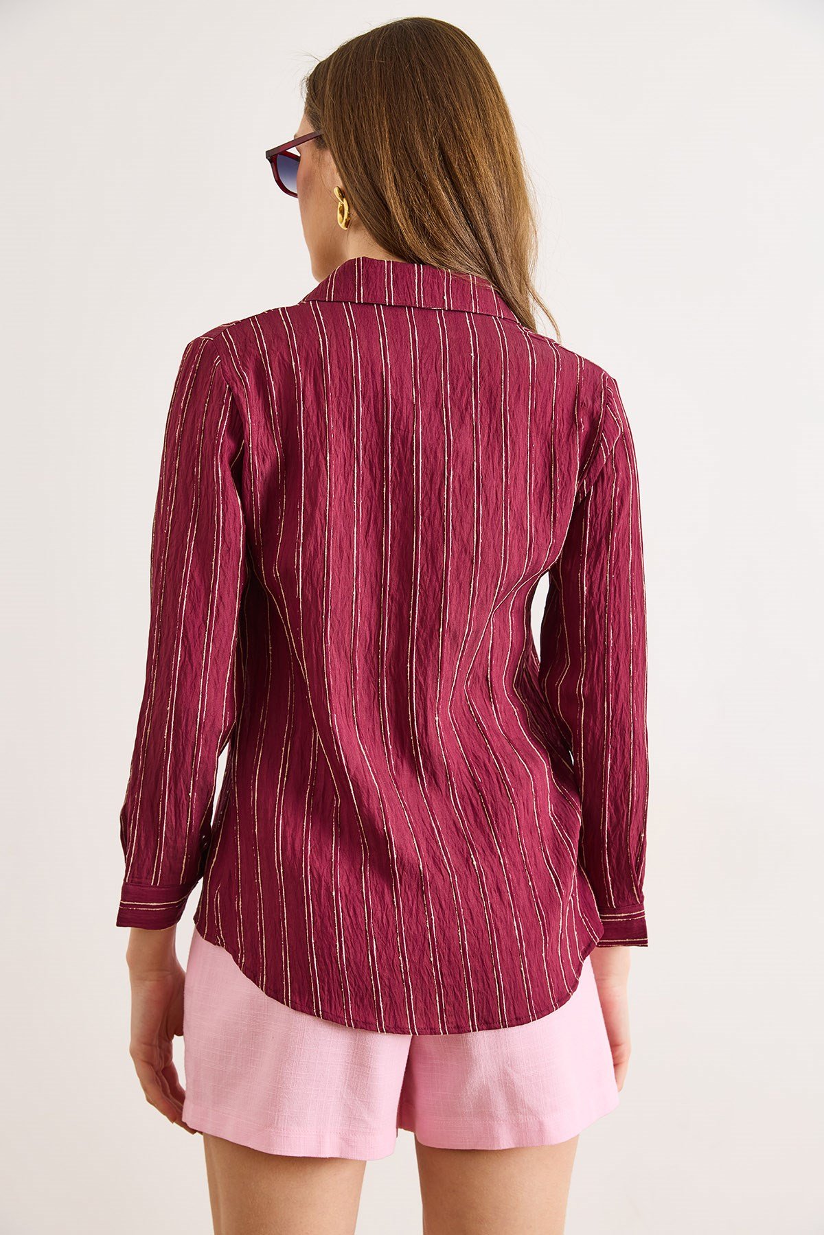 Dokulu Kontrast Çizgili Regular Fit Gömlek Bordo