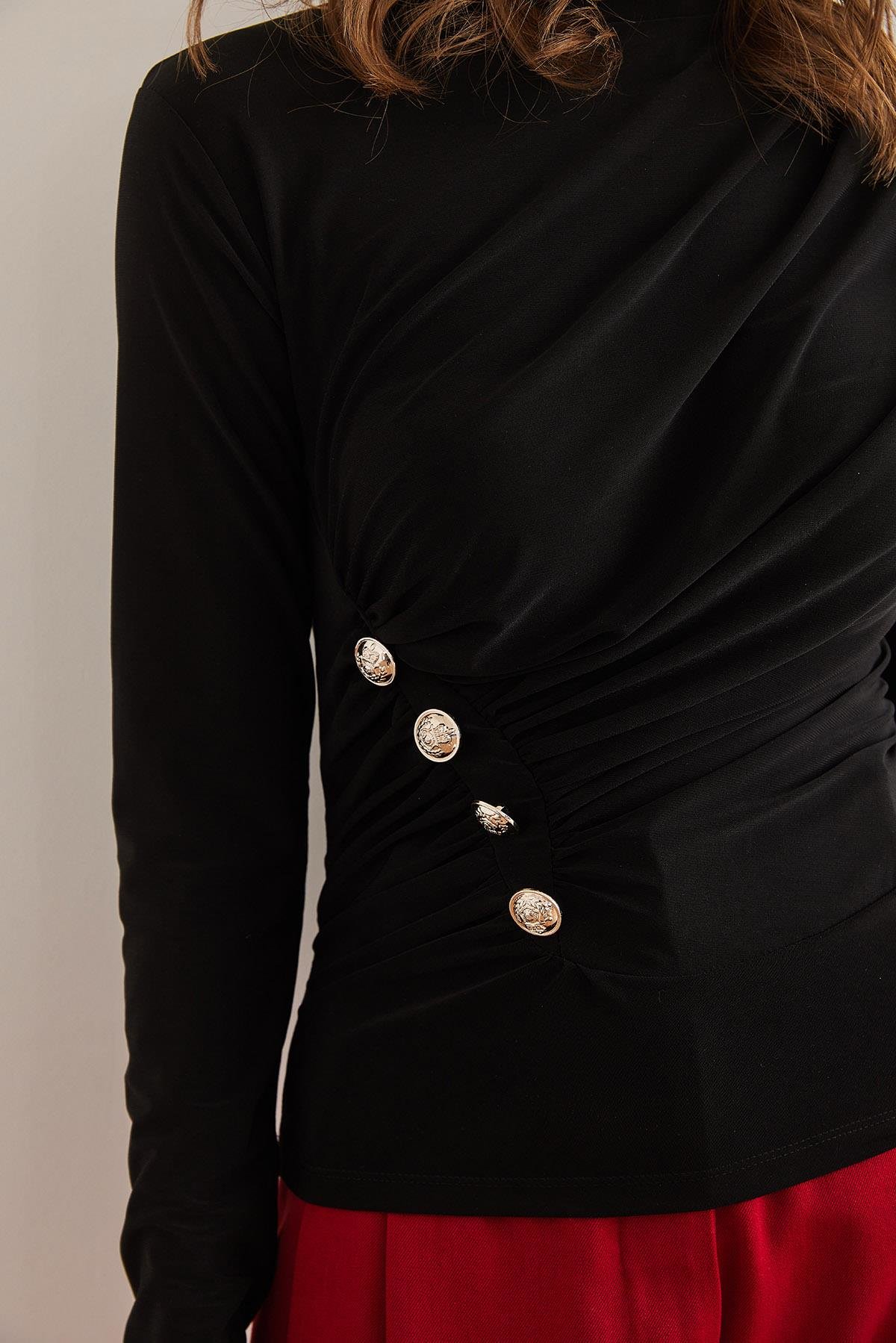 Drape Detaylı Beli Düğmeli Sandy Bluz Siyah