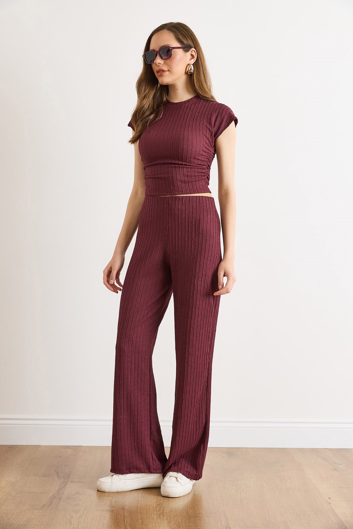 Drape Detaylı Bluz Pantolon Takım Mürdüm