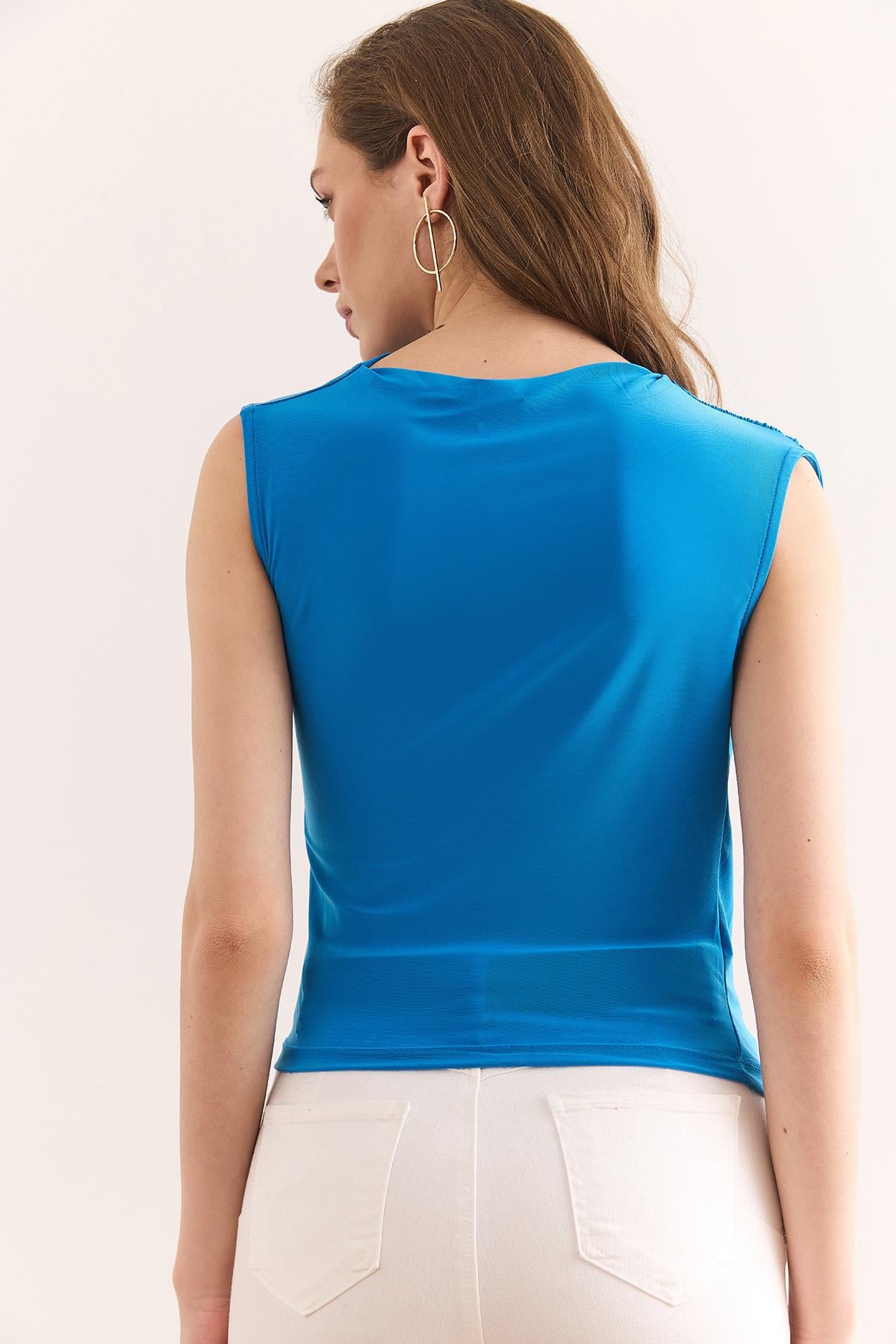 Drape Detaylı Dökümlü Bluz Gök Mavi