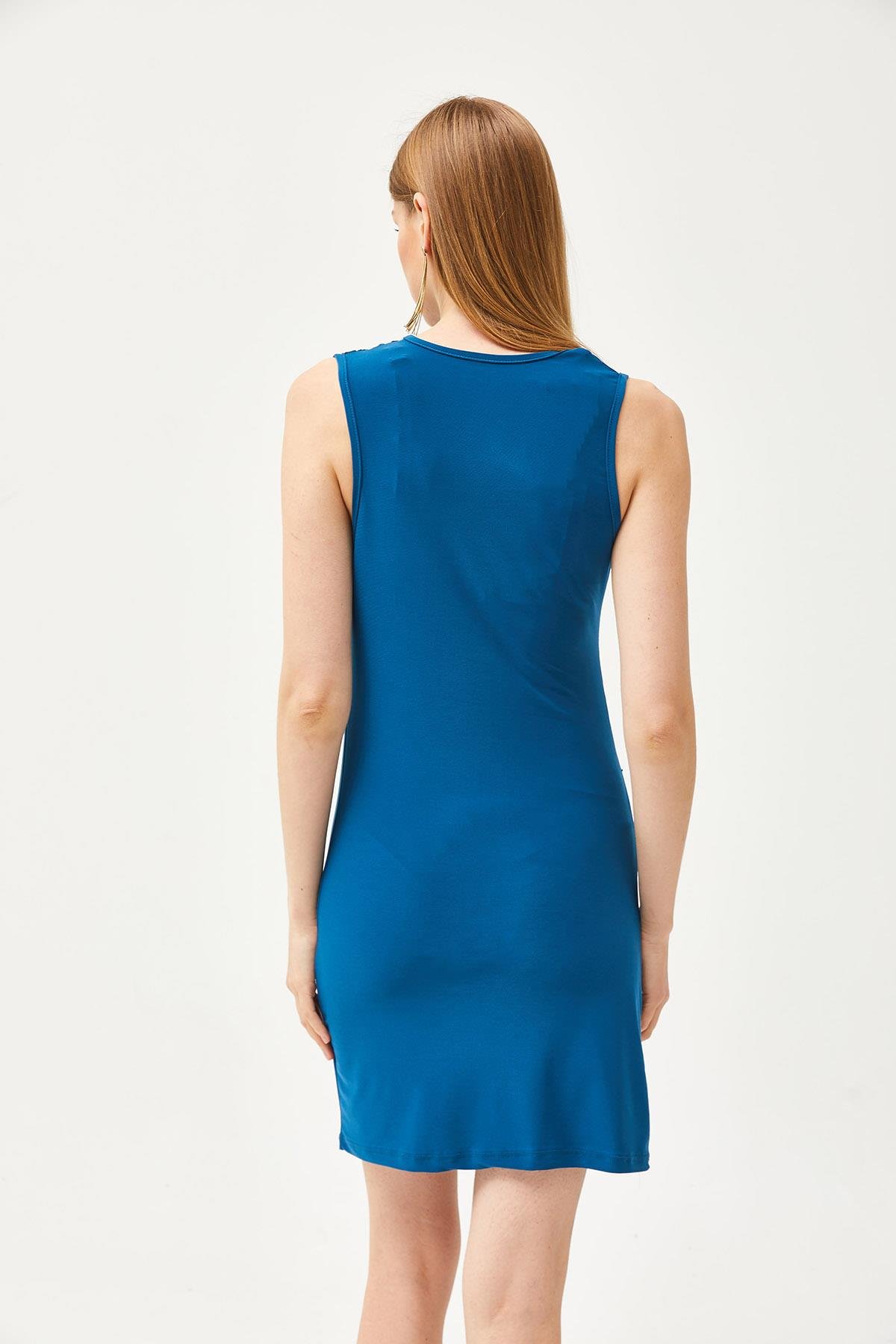 Drape Detaylı Esnek Mini Elbise İndigo