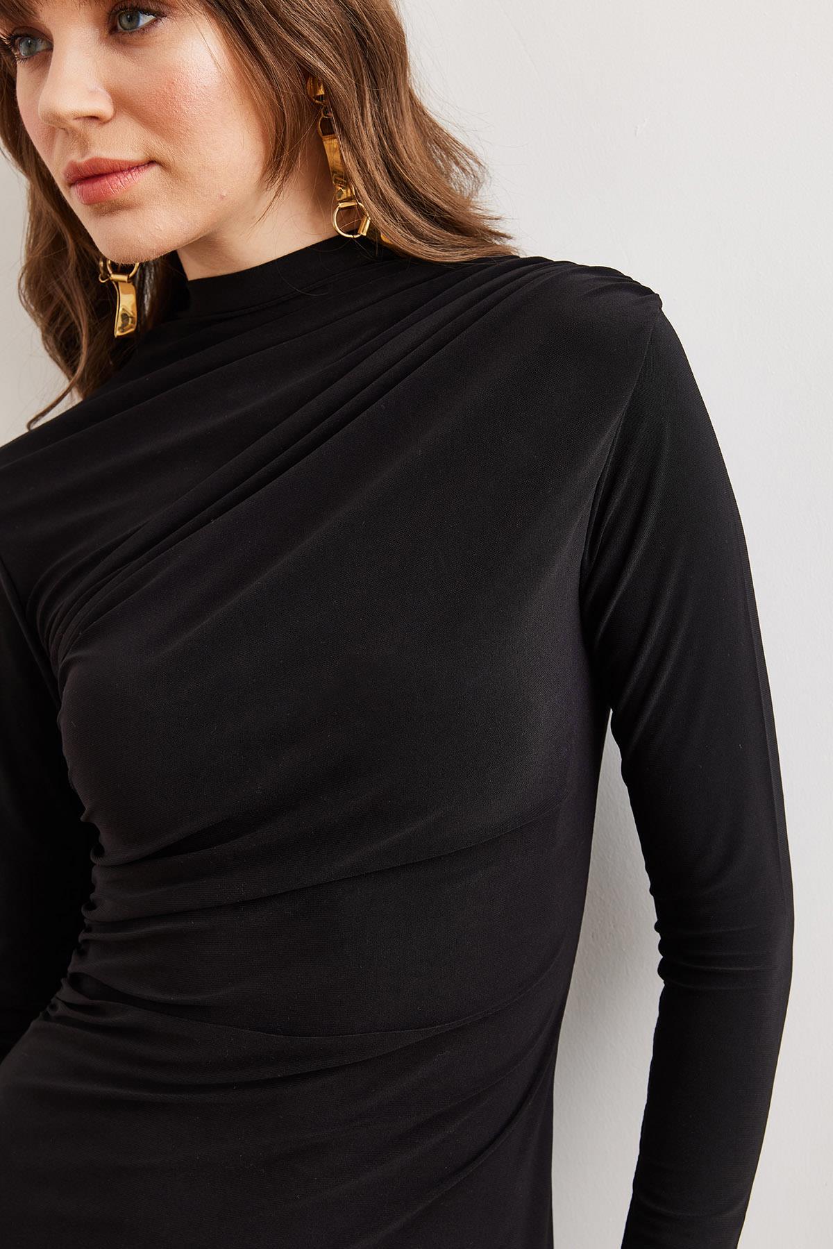 Drape Detaylı Esnek Mini Sandy Elbise Siyah