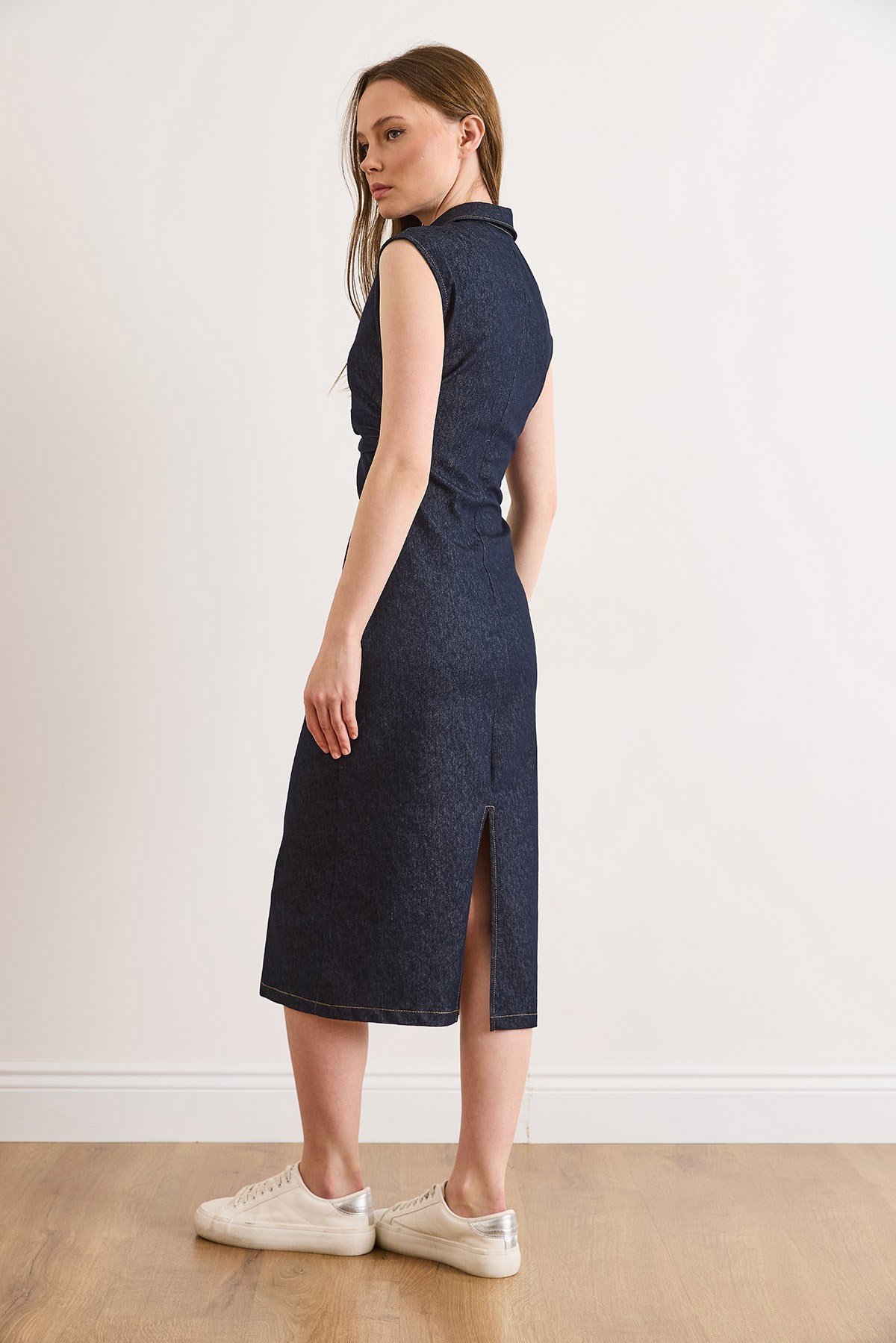 Drape Detaylı Likralı Midi Denim Elbise Lacivert