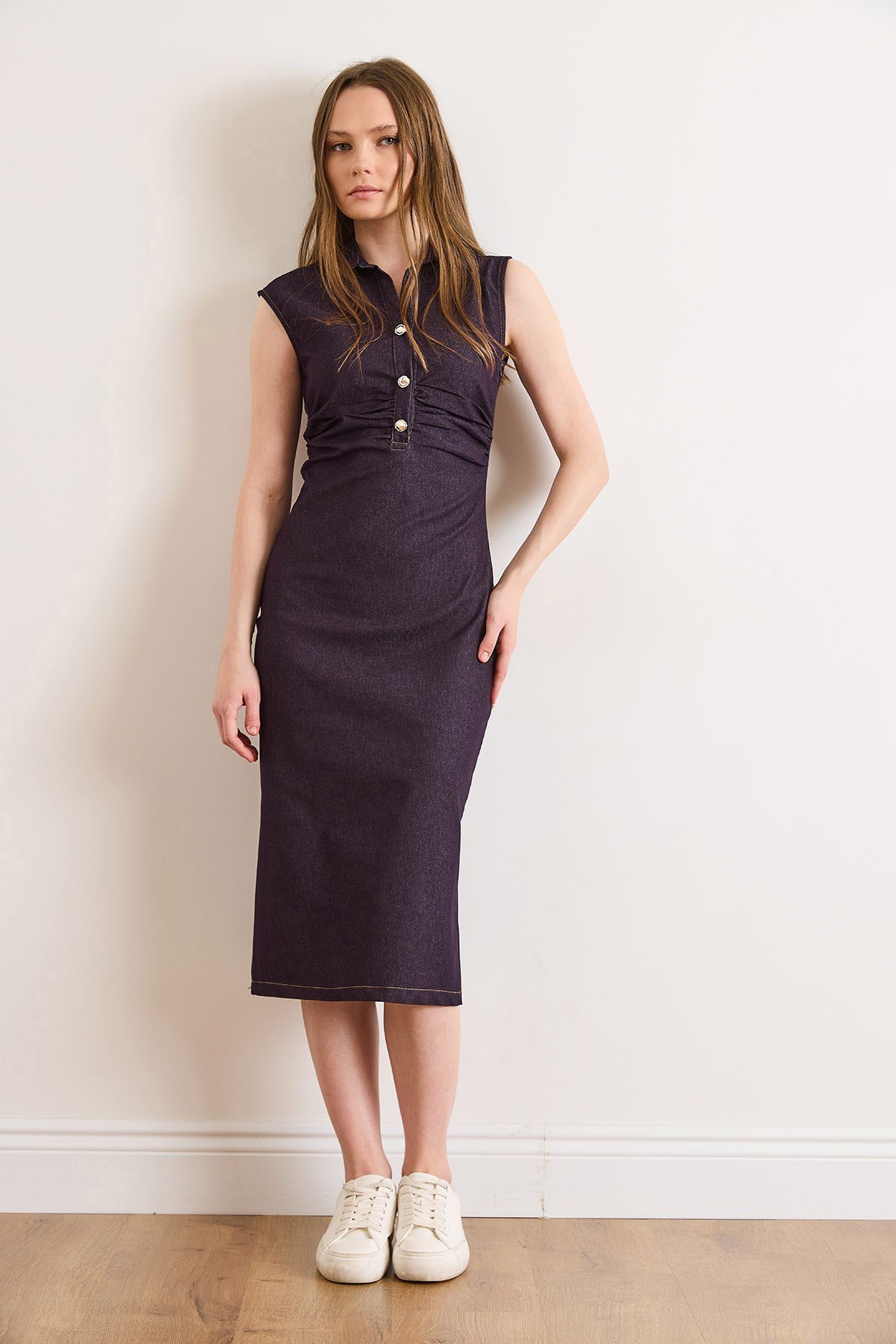 Drape Detaylı Likralı Midi Denim Elbise Mürdüm