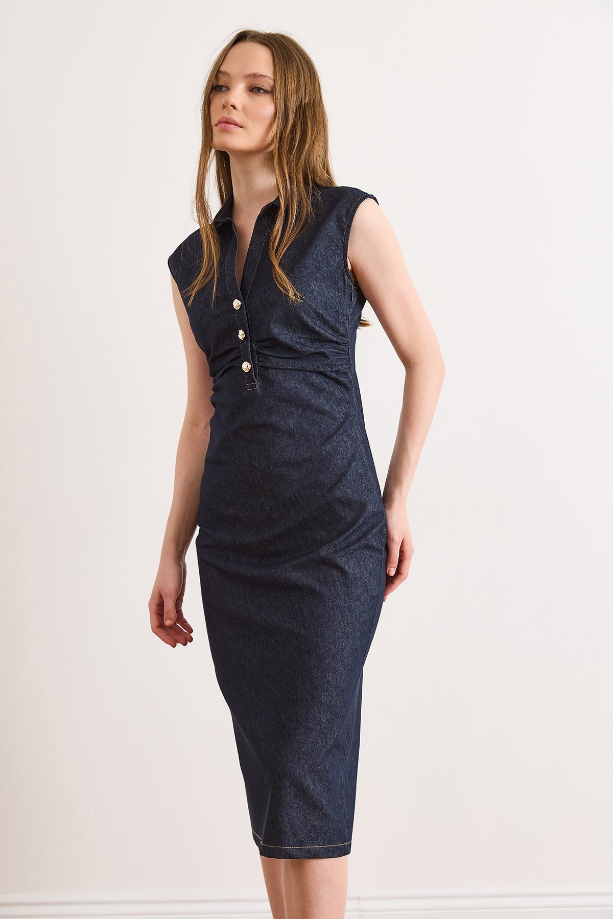 Drape Detaylı Likralı Midi Denim Elbise Lacivert