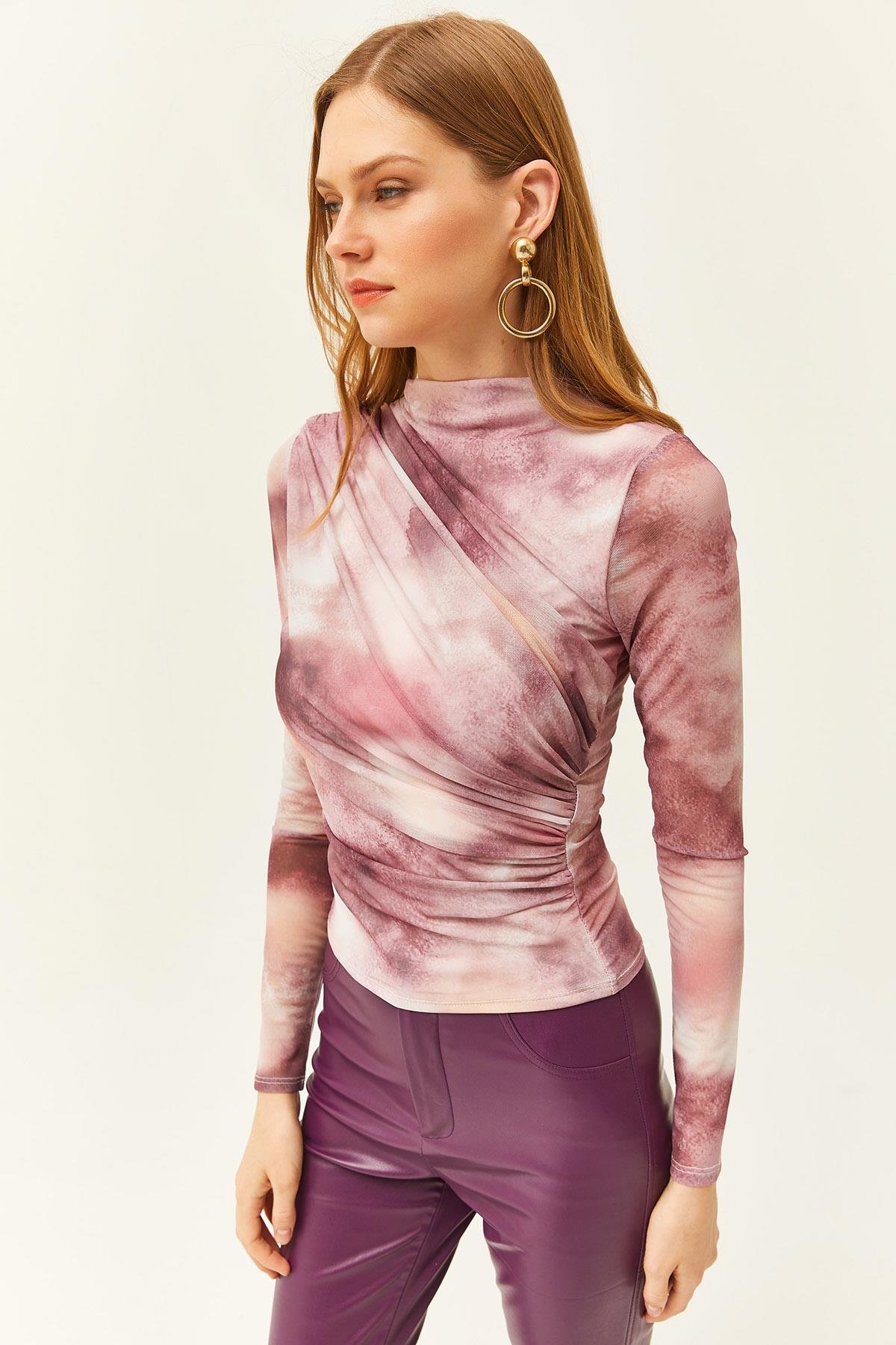 Drape Detaylı Önü Astarlı Tül Bluz Gül Kurusu