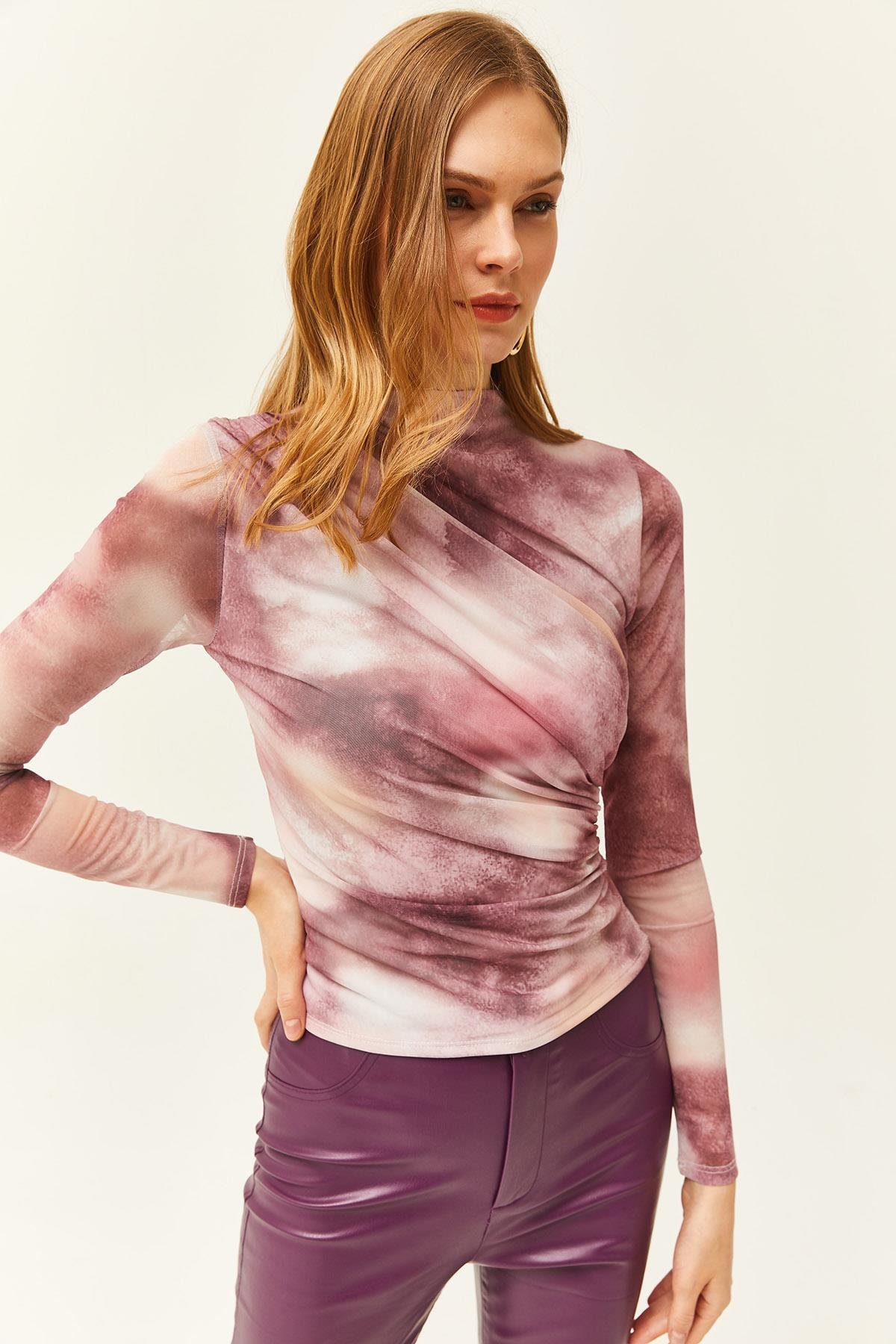 Drape Detaylı Önü Astarlı Tül Bluz Gül Kurusu
