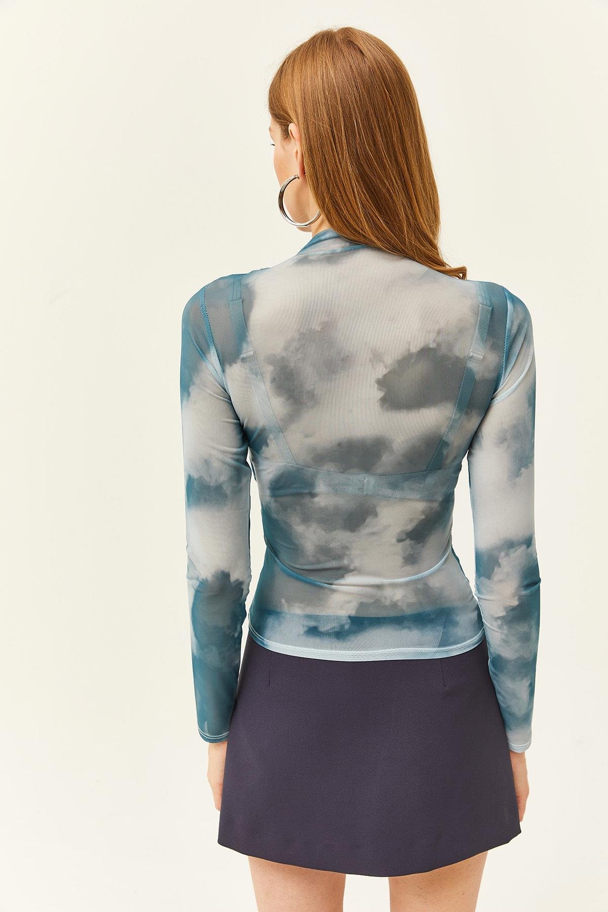Drape Detaylı Önü Astarlı Tül Bluz Mavi
