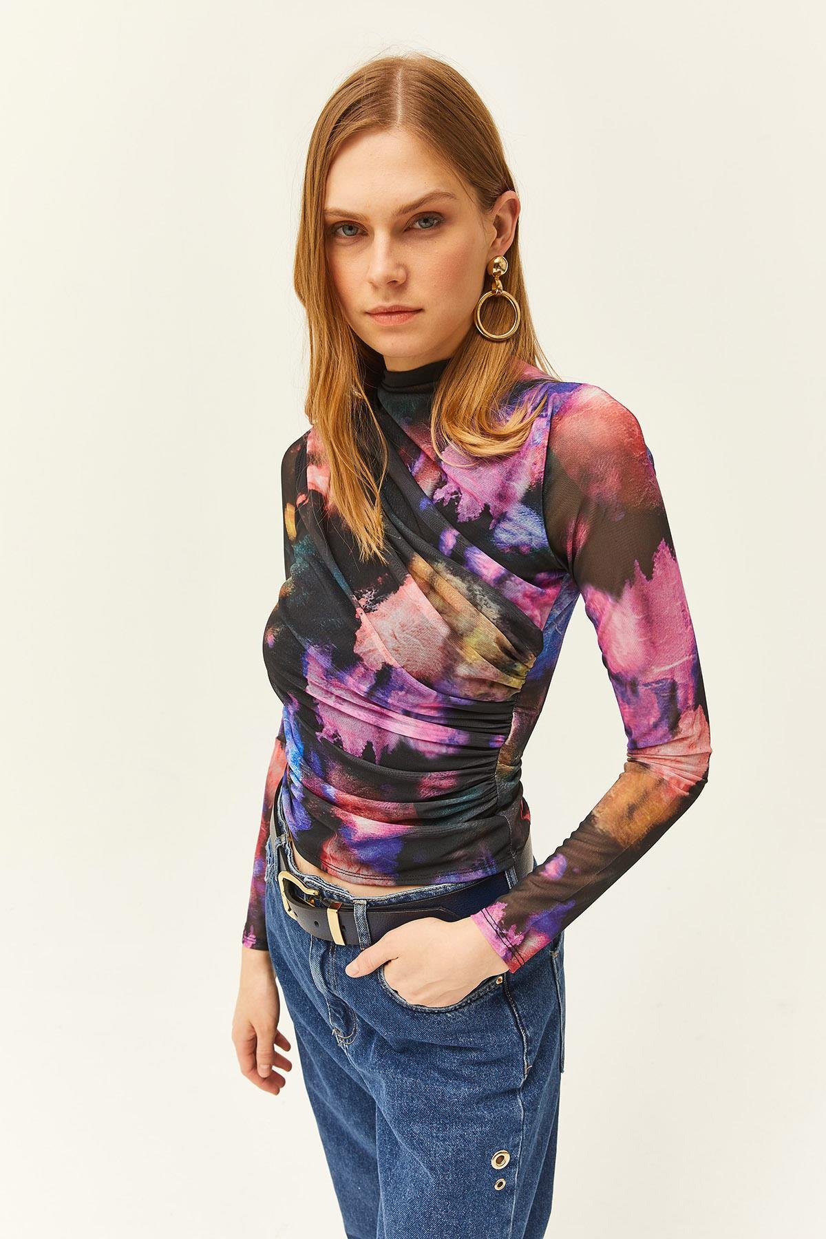Drape Detaylı Önü Astarlı Tül Bluz Mor