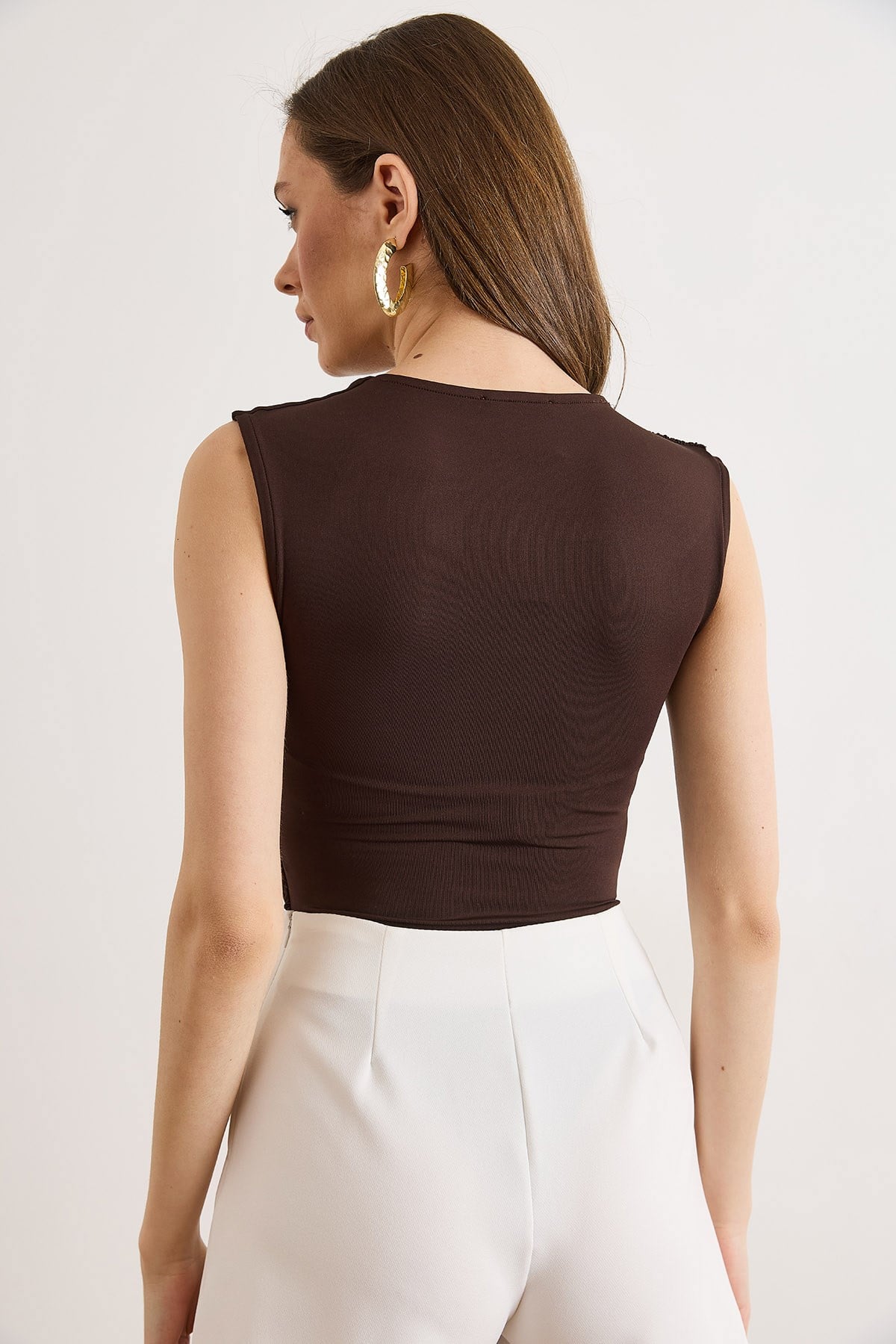 Drape Detaylı Önü Çift Kat Altı Çıtçıtlı Bodysuit Kahverengi