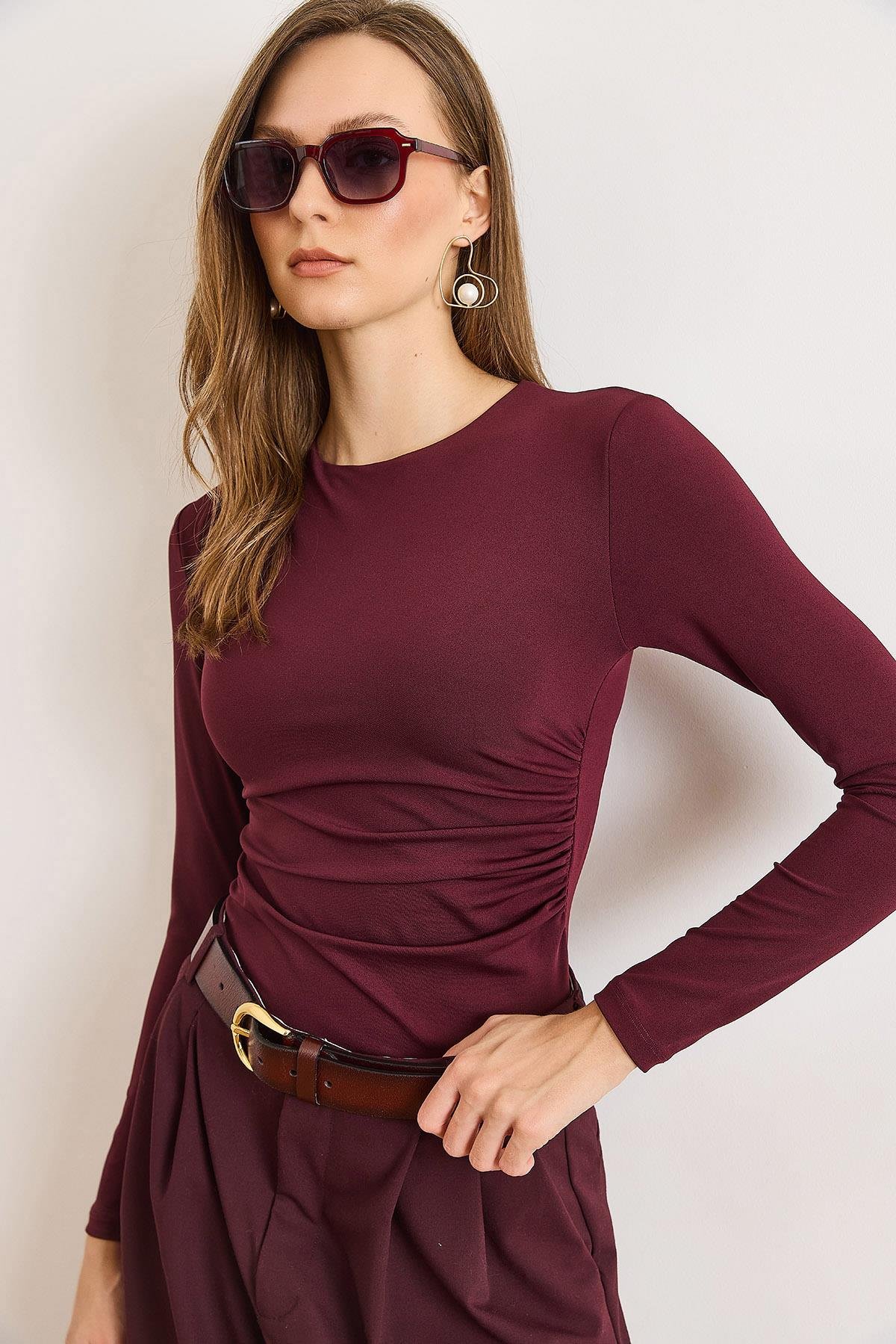 Drape Detaylı Önü Çift Kat Çıtçıtlı Polyamid Bodysuit Mürdüm