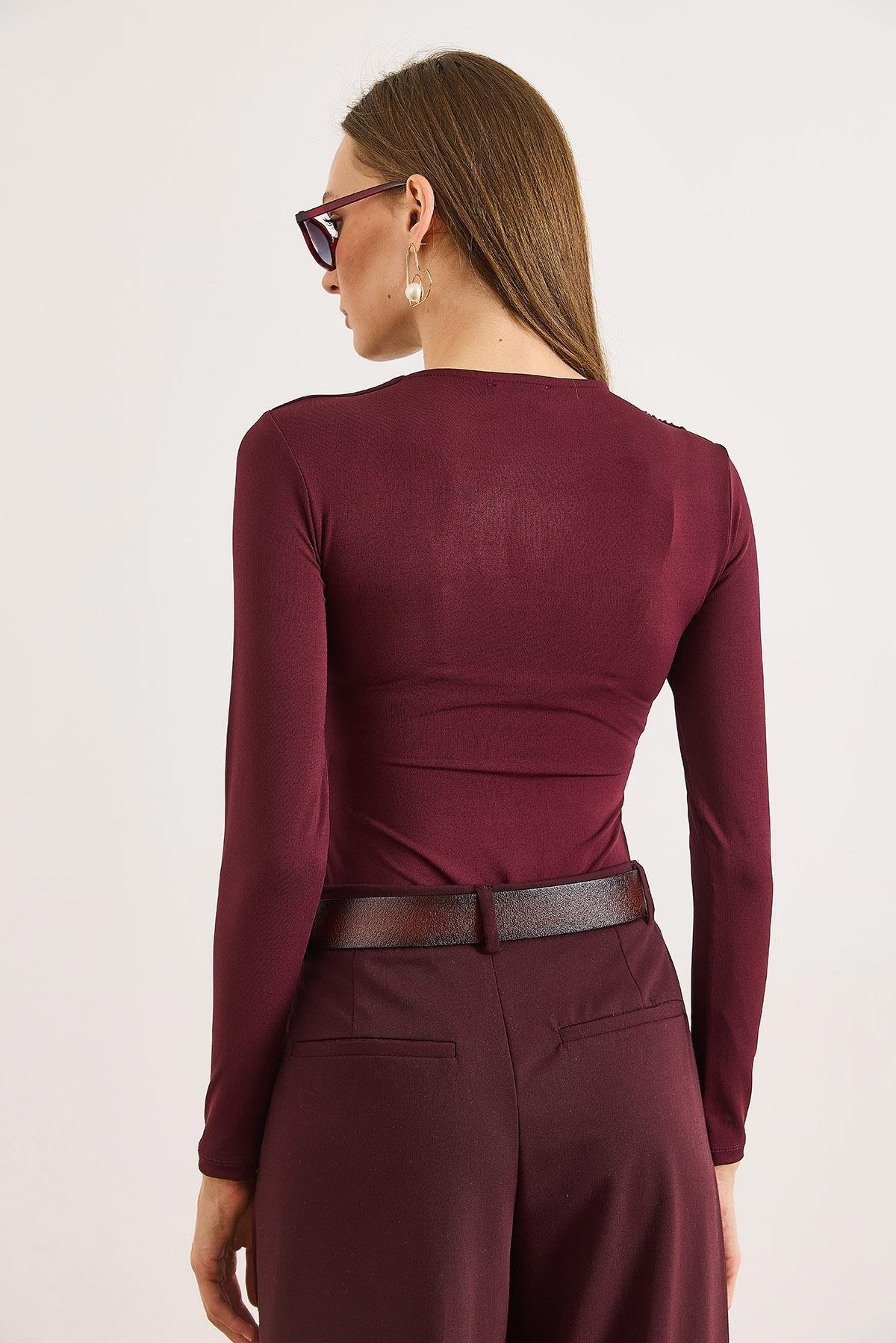 Drape Detaylı Önü Çift Kat Çıtçıtlı Polyamid Bodysuit Mürdüm