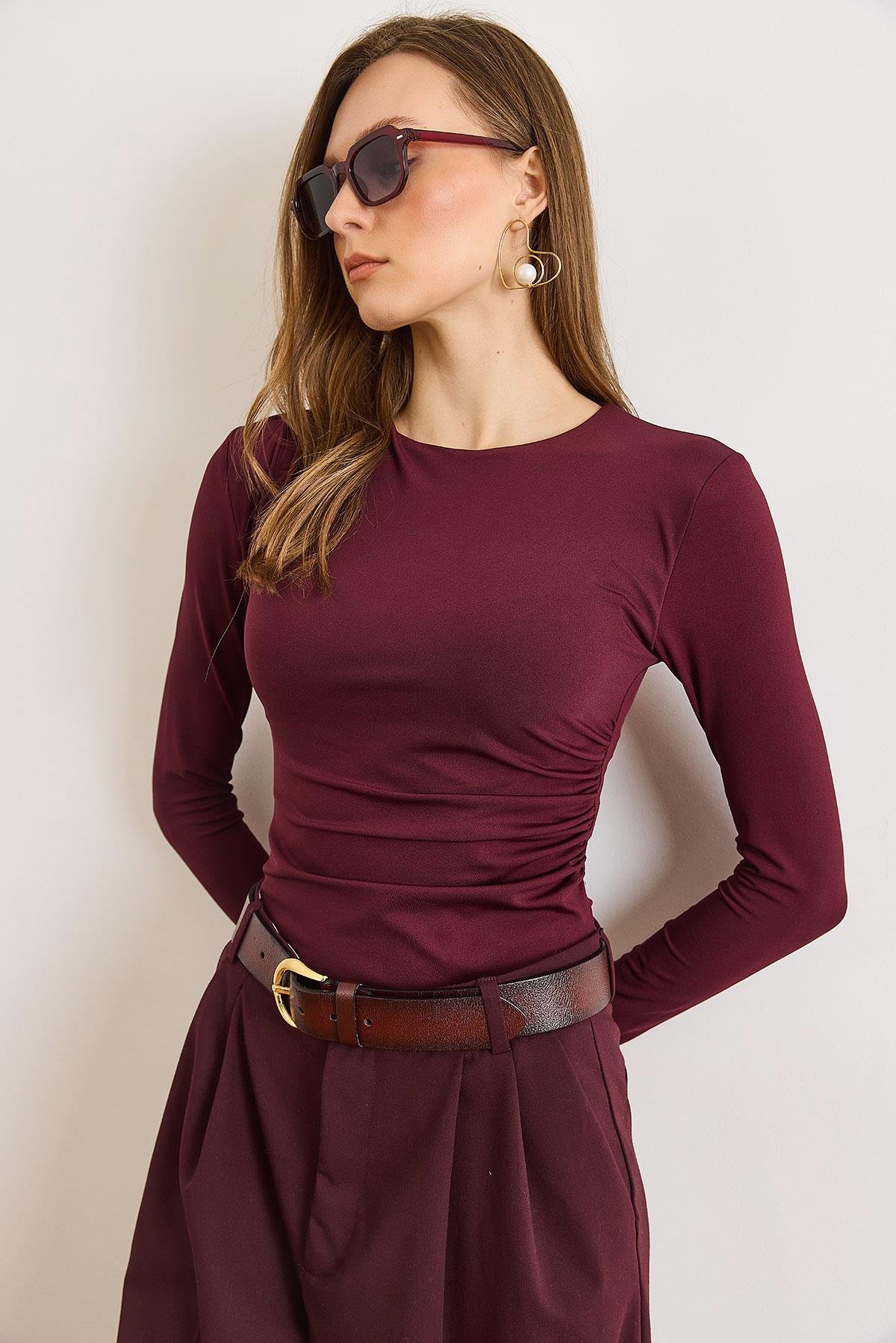 Drape Detaylı Önü Çift Kat Çıtçıtlı Polyamid Bodysuit Mürdüm