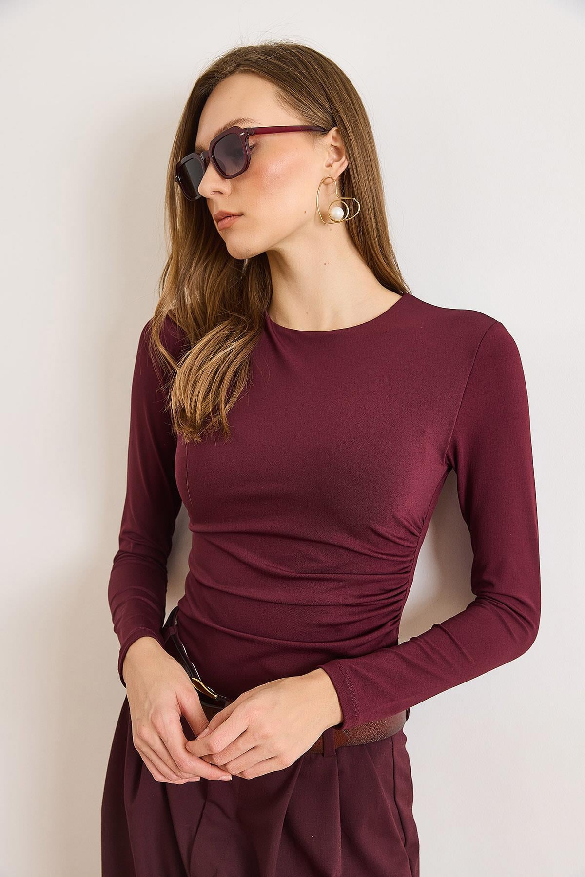 Drape Detaylı Önü Çift Kat Çıtçıtlı Polyamid Bodysuit Mürdüm
