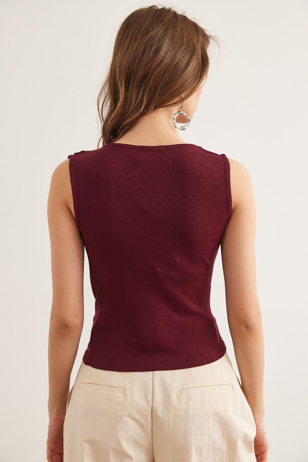 Drape Detaylı Soft Touch Esnek Viskon Bluz Bordo