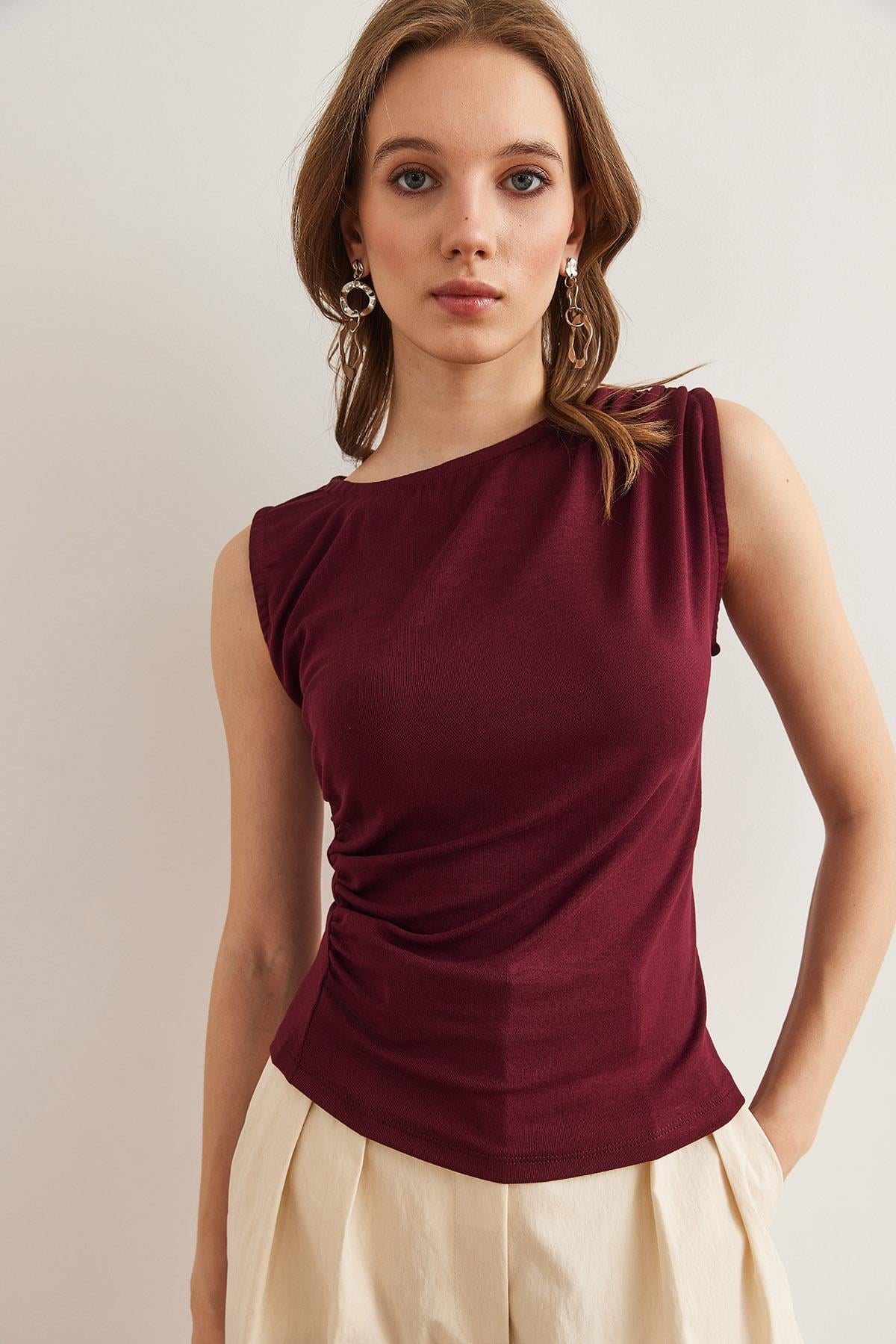 Drape Detaylı Soft Touch Esnek Viskon Bluz Bordo