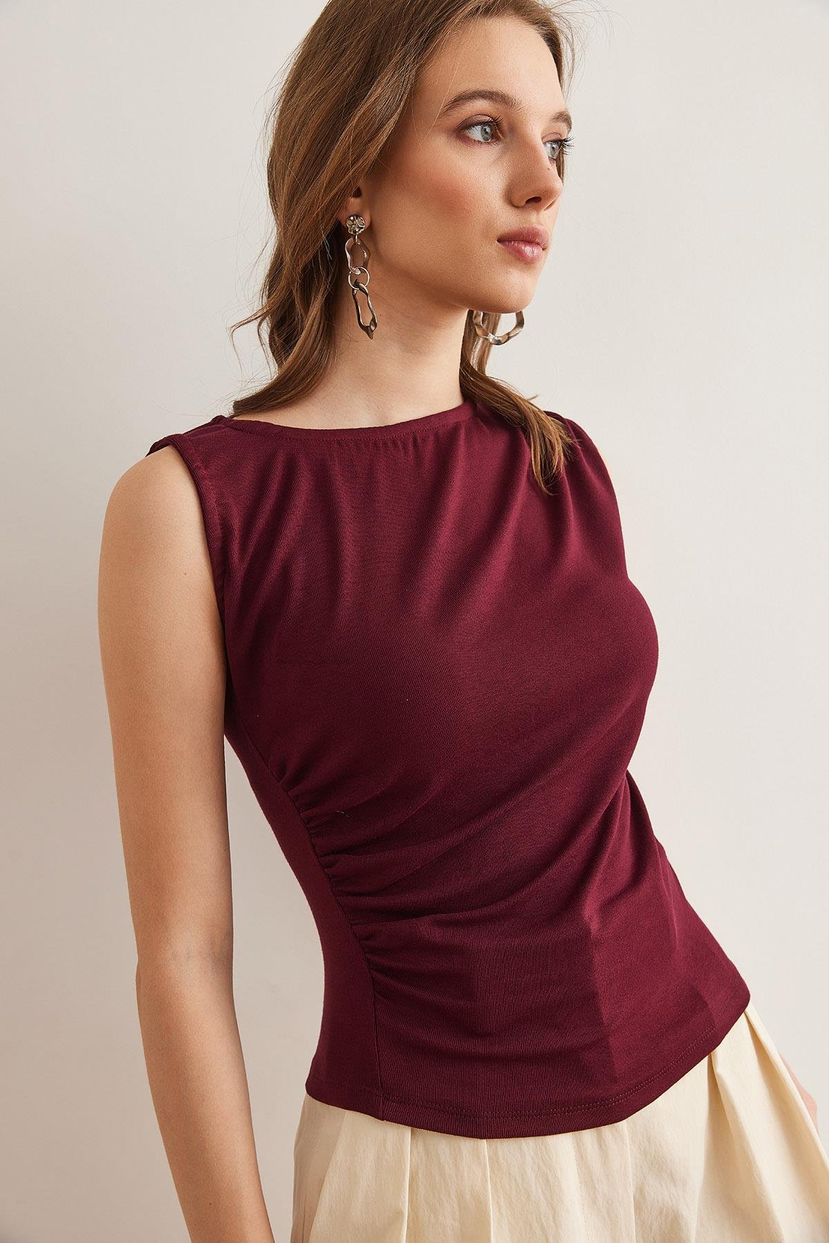Drape Detaylı Soft Touch Esnek Viskon Bluz Bordo