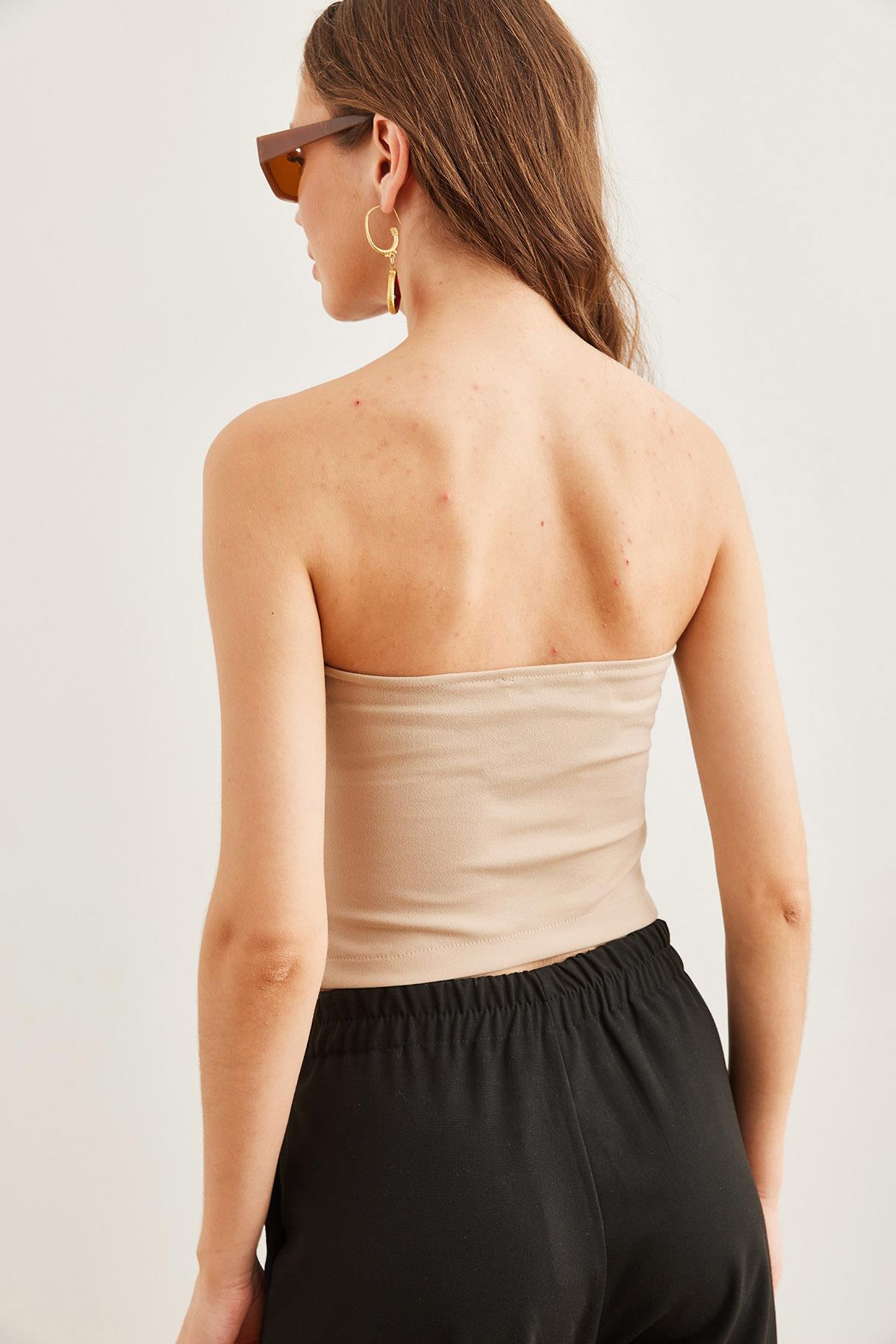 Drape Detaylı Straplez Bluz Bej
