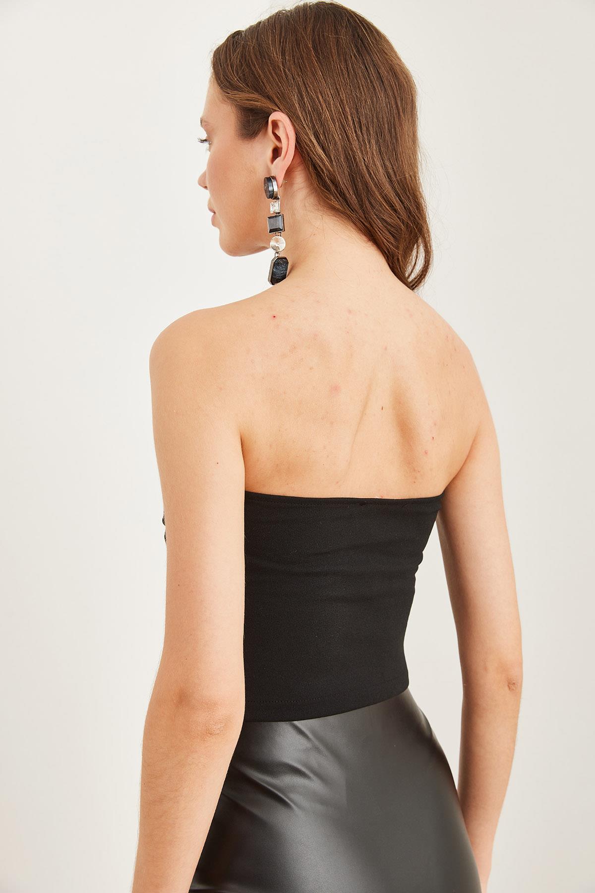 Drape Detaylı Straplez Bluz Siyah