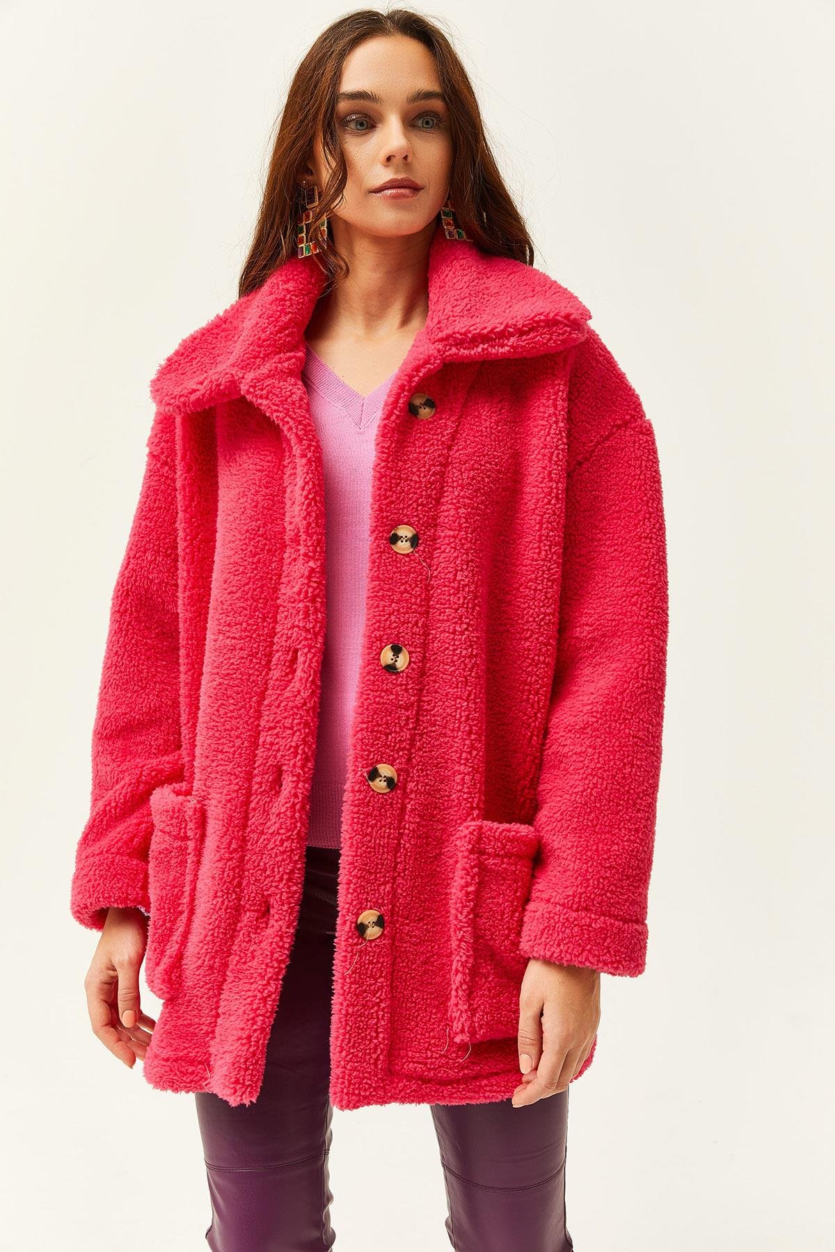 Düğmeli Cepli Astarsız Oversize Peluş Ceket Fuşya
