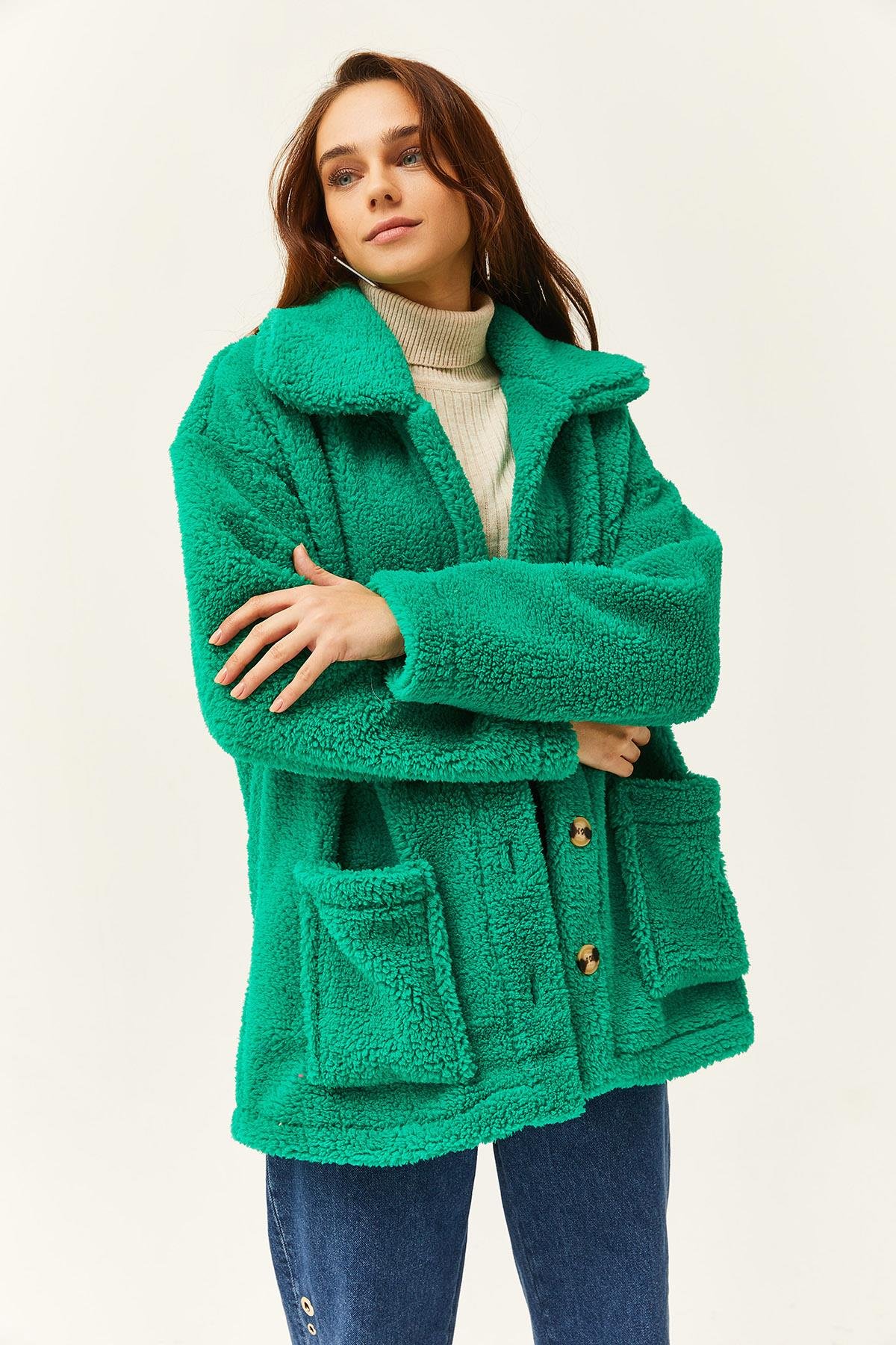 Düğmeli Cepli Astarsız Oversize Peluş Ceket Çimen Yeşili