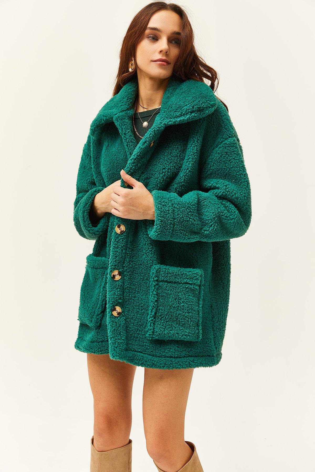 Düğmeli Cepli Astarsız Oversize Peluş Ceket Zümrüt Yeşili