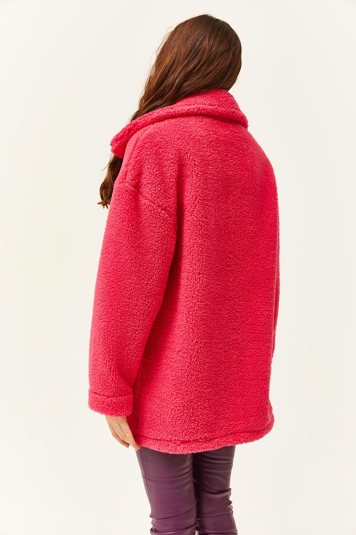 Düğmeli Cepli Astarsız Oversize Peluş Ceket Fuşya