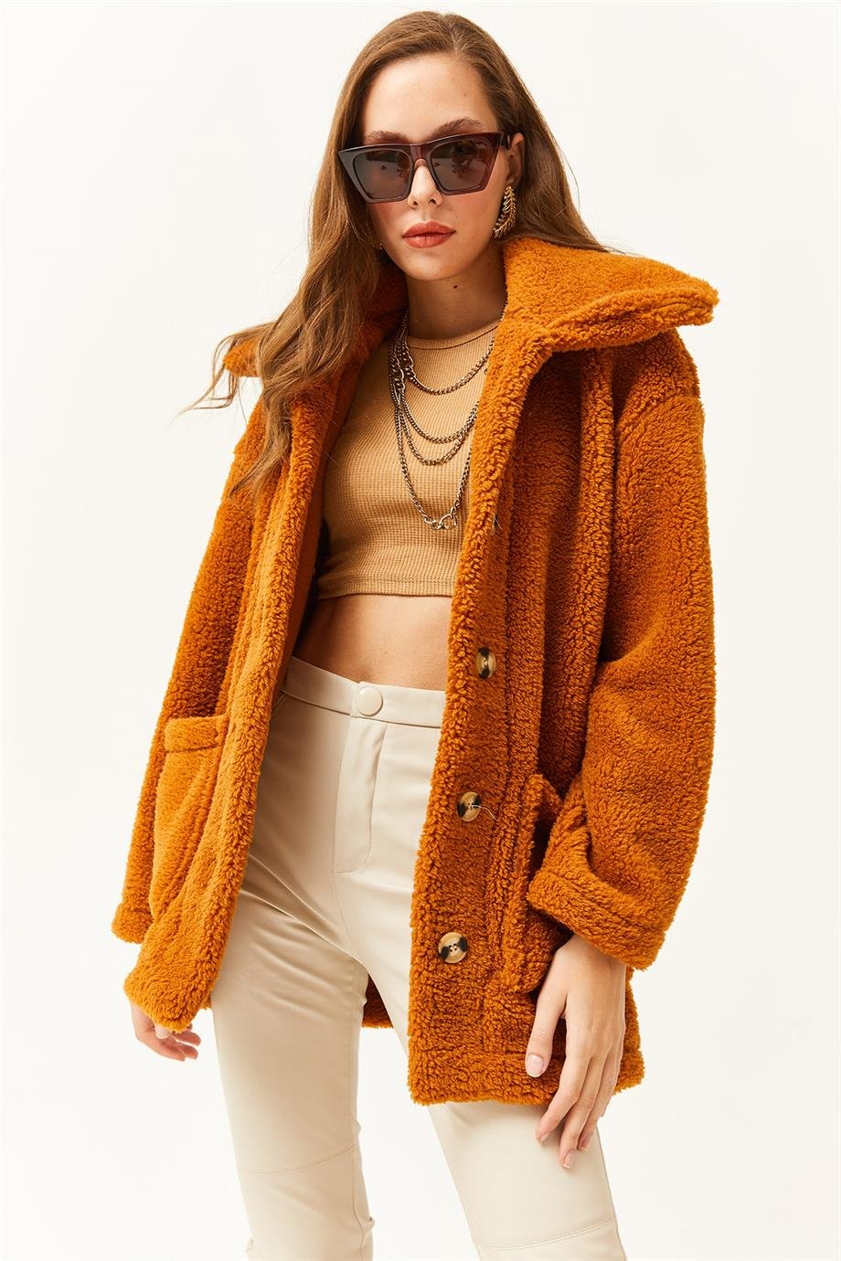 Düğmeli Cepli Astarsız Oversize Peluş Ceket Taba