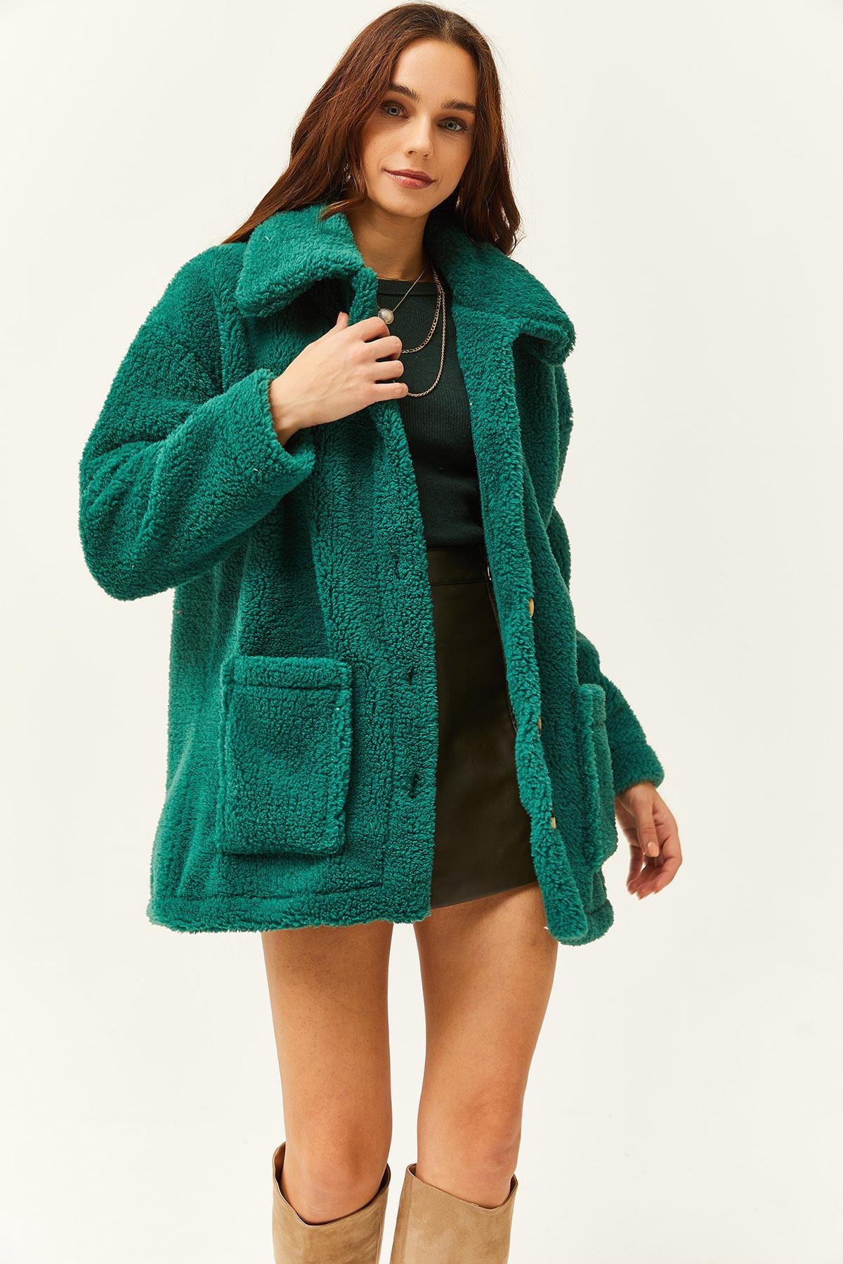 Düğmeli Cepli Astarsız Oversize Peluş Ceket Zümrüt Yeşili