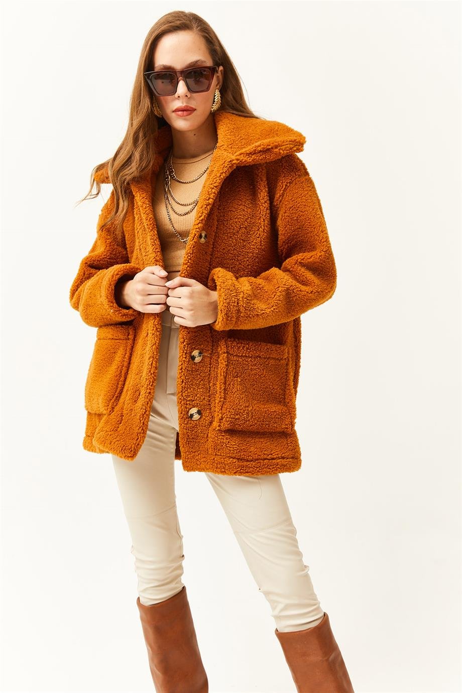 Düğmeli Cepli Astarsız Oversize Peluş Ceket Taba