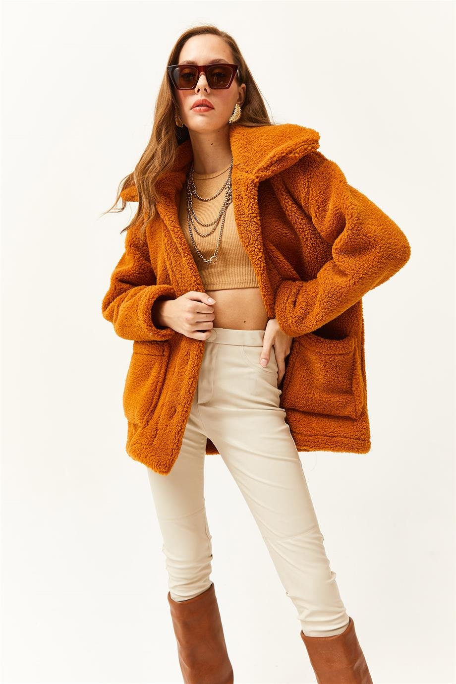 Düğmeli Cepli Astarsız Oversize Peluş Ceket Taba