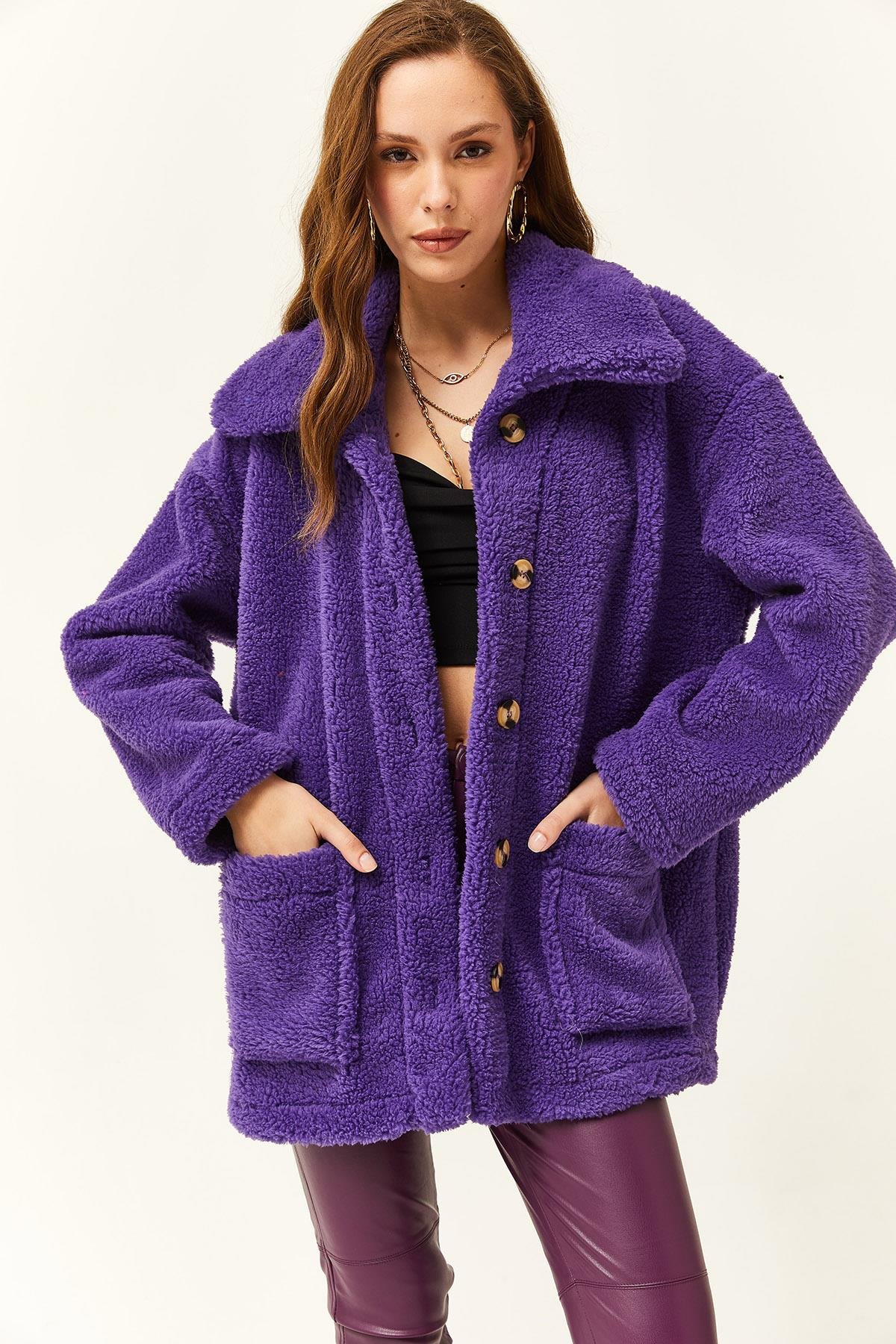 Düğmeli Cepli Astarsız Oversize Peluş Ceket Mor